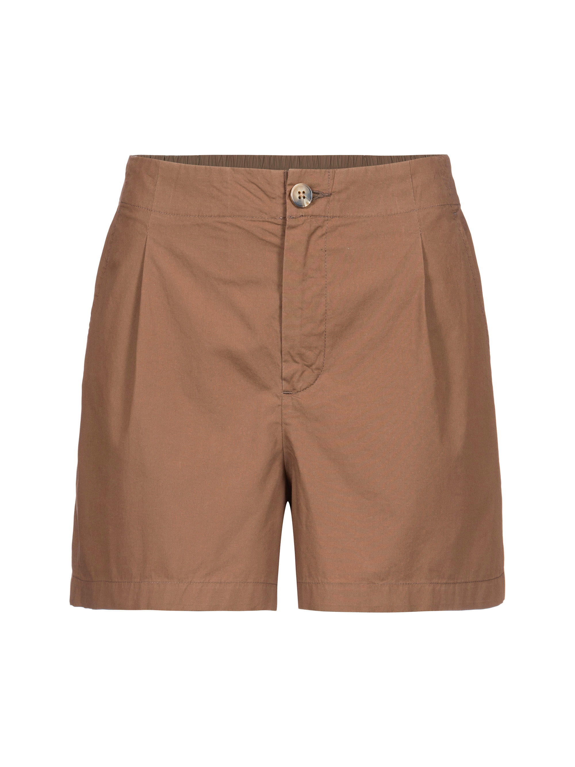 Braune Shorts mit hoher Taille, Knopf- und Reißverschluss, plissierter Vorderseite und Seitentaschen auf weißem Hintergrund.