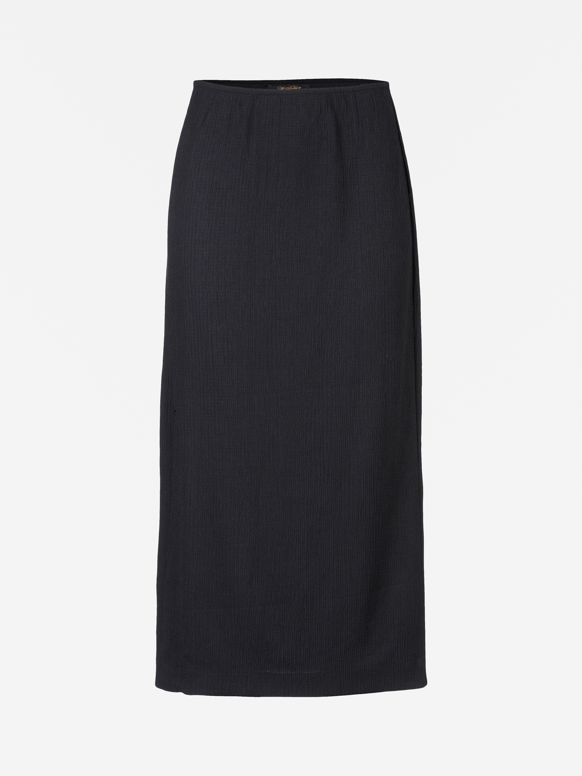 Ein langer, hochtaillierter, gerader schwarzer Rock aus einem strukturierten Stoff, der vor einem schlichten weißen Hintergrund gezeigt wird.