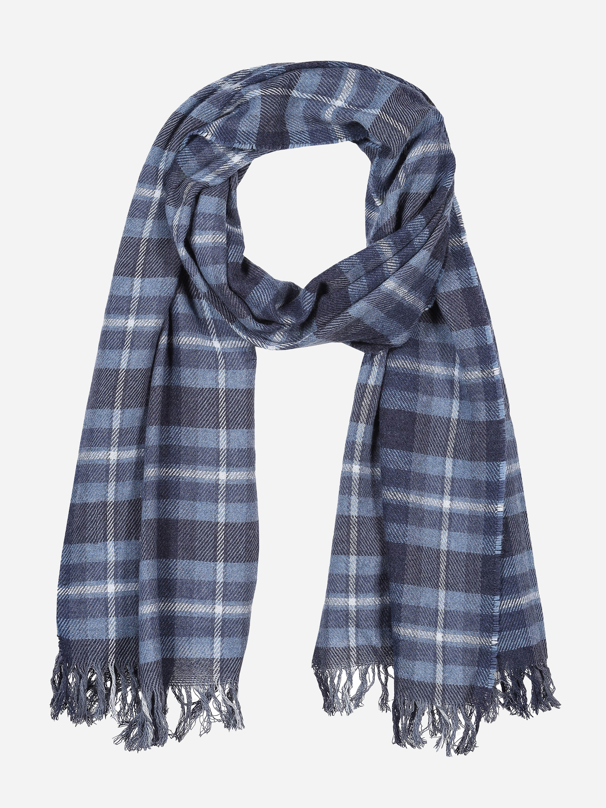 Ein blau-weiß karierter Schal mit Fransen an den Enden, flach in einer Schlaufe vor weißem Hintergrund.