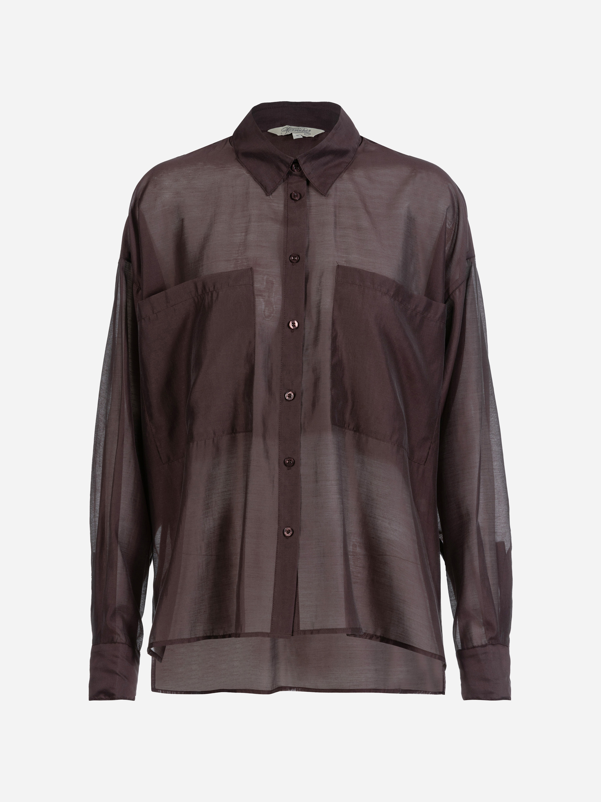 Eine durchsichtige, langärmelige, dunkelbraune Bluse zum Knöpfen mit Kragen und zwei Brusttaschen auf der Vorderseite, abgebildet auf einem schlichten weißen Hintergrund.