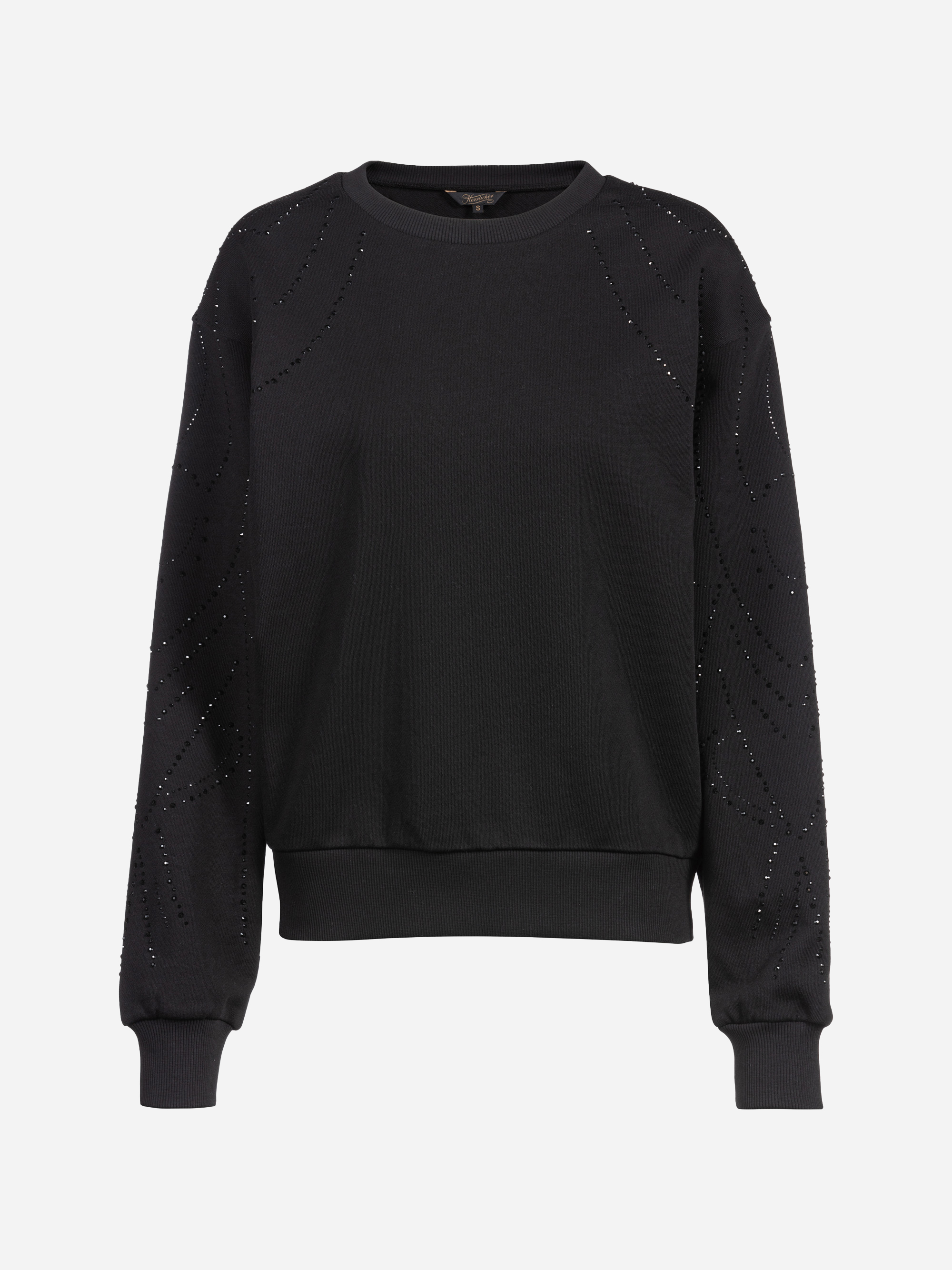 Schwarzes Sweatshirt mit Rundhalsausschnitt, langen Ärmeln, gerippten Bündchen und Saum sowie dezentem Punktmuster an Armen und Schultern.