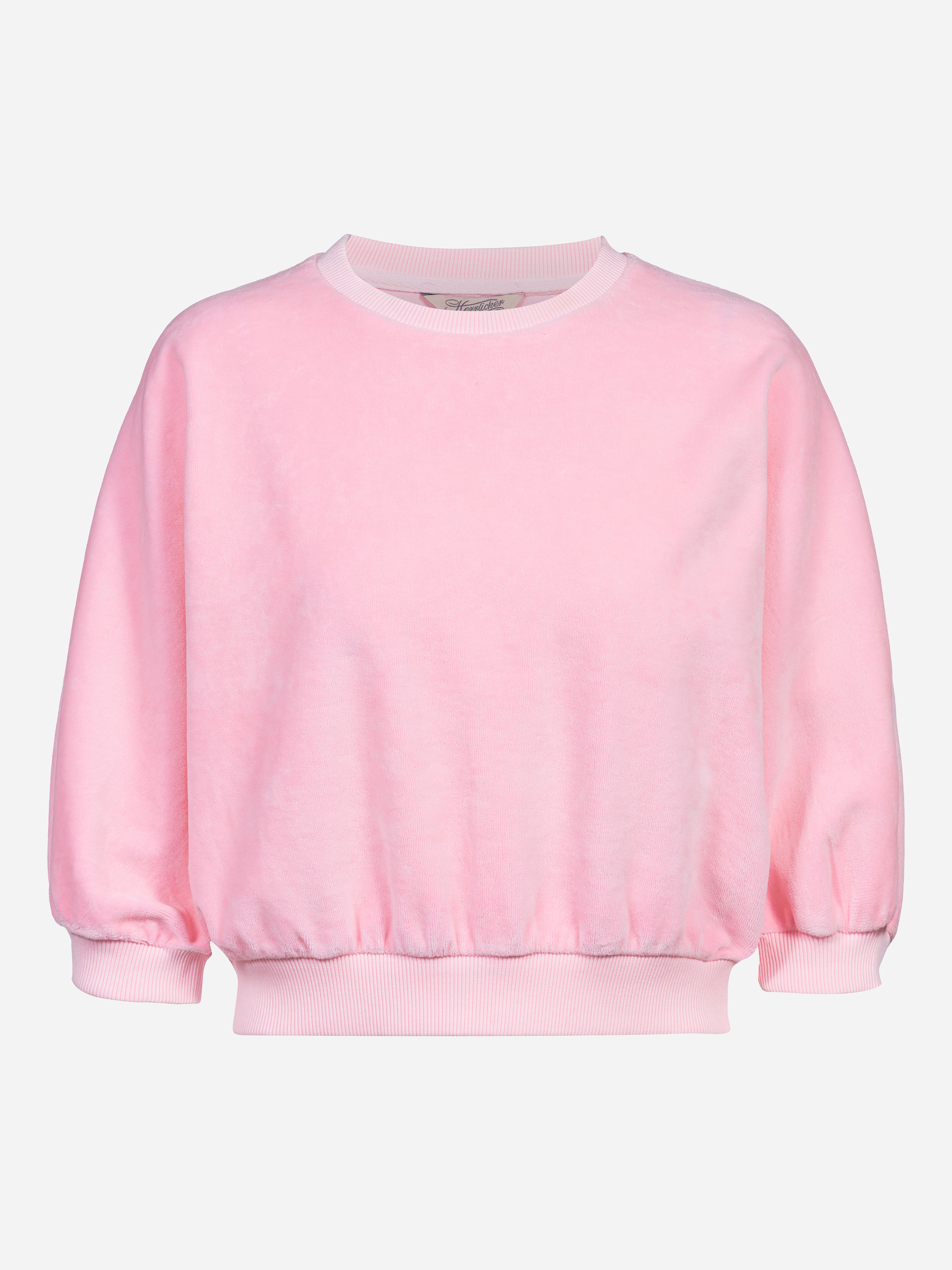Hellrosafarbenes, langärmeliges Sweatshirt mit Rundhalsausschnitt, gerippten Bündchen und Saum auf einfarbig weißem Hintergrund.