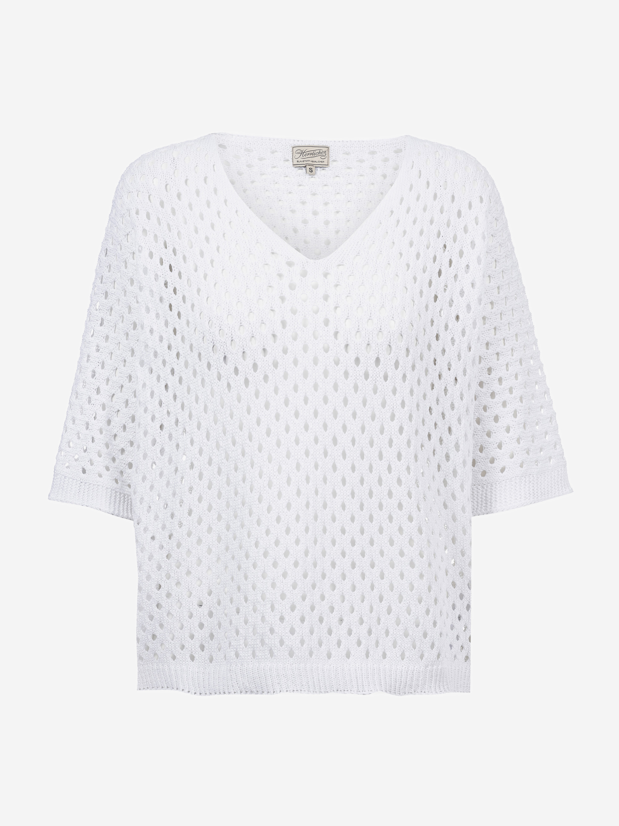 Weißer, kurzärmeliger Pullover mit V-Ausschnitt, lockerem, offenem Strickmuster und Rippenbündchen an Ärmeln, Saum und Halsausschnitt.