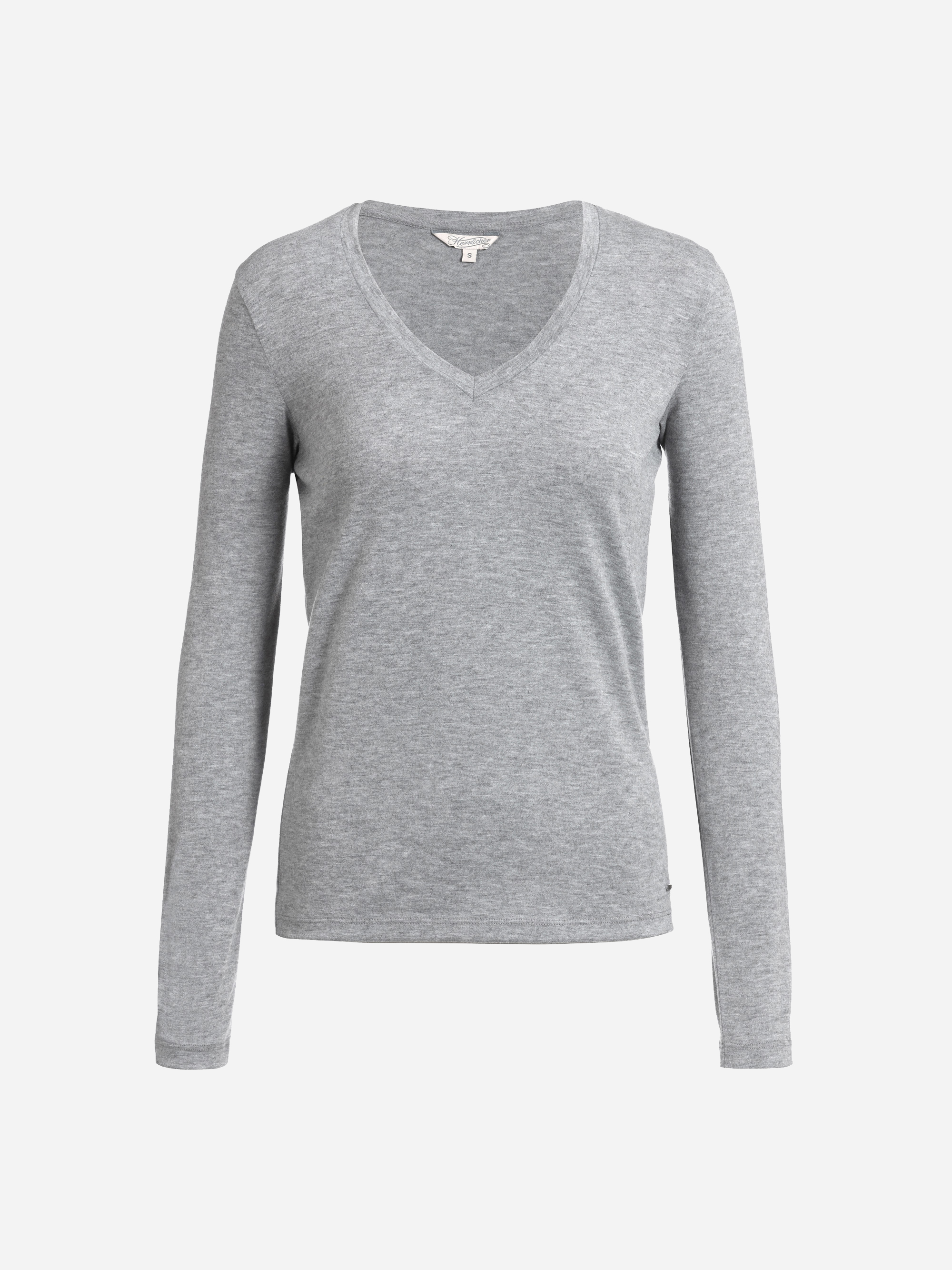 Ein schlichtes, hellgraues, langärmeliges Hemd mit V-Ausschnitt ist auf weißem Hintergrund abgebildet. Das Hemd hat ein einfaches, tailliertes Design ohne sichtbare Muster oder Logos.