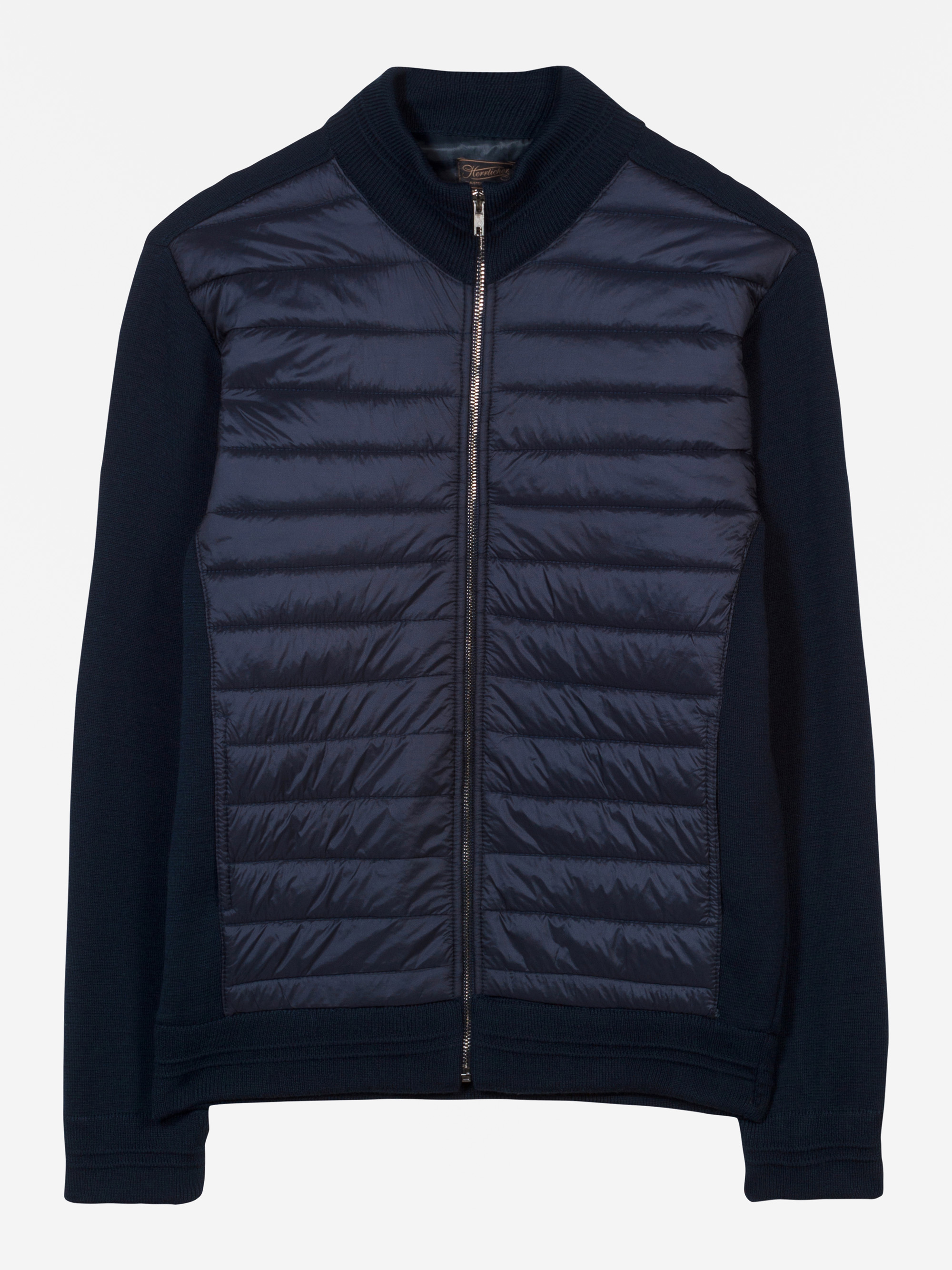 Marineblaue Jacke mit gesteppter, daunengefüllter Vorderseite und Ärmeln aus festem Stoff, mit Reißverschluss und geripptem Kragen, Manschetten und Saum.