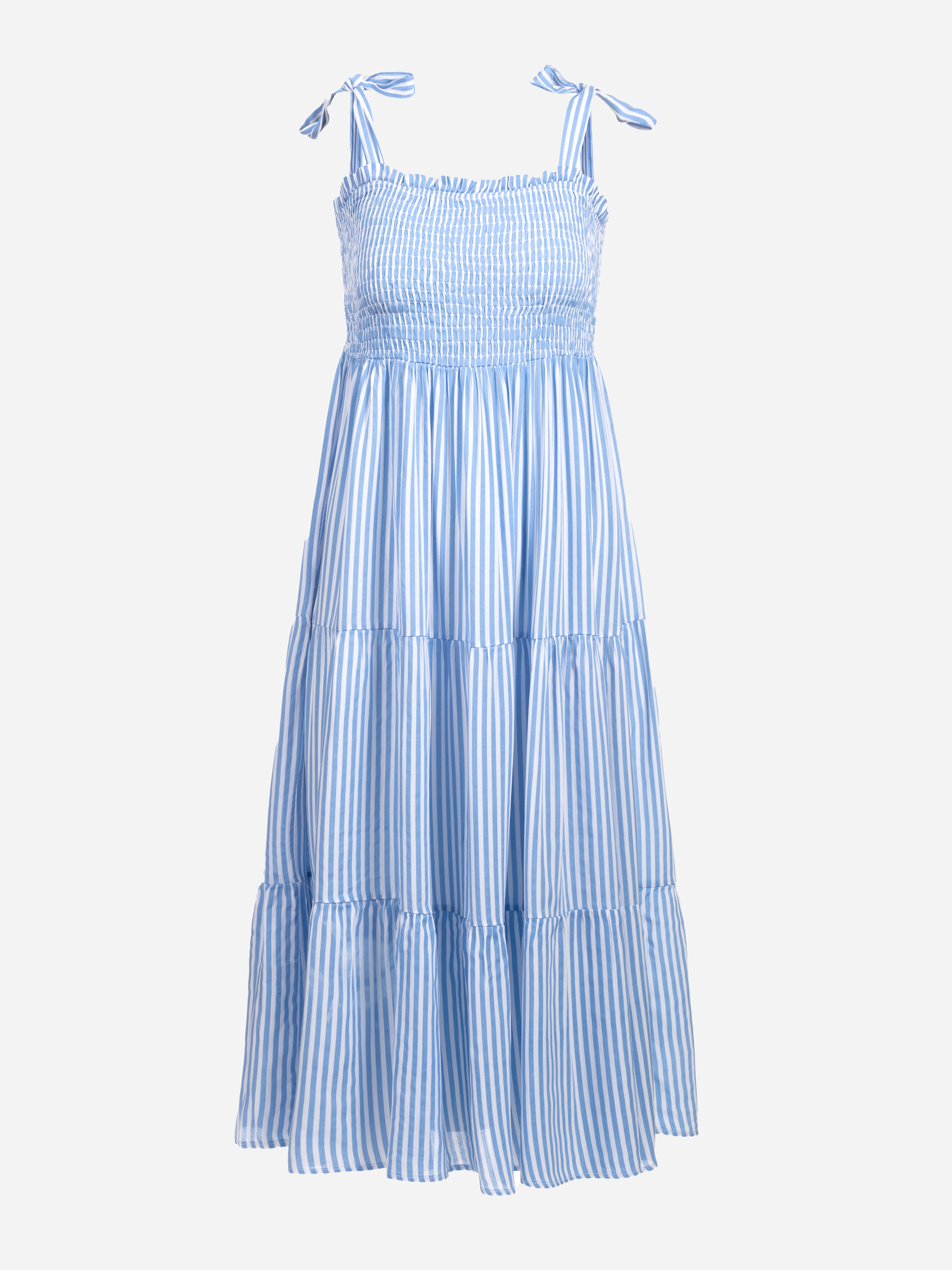 Hellblau-weißes, vertikal gestreiftes, ärmelloses Sommerkleid mit gesmoktem Mieder, verstellbaren Trägern und einem gestuften, fließenden Rockteil.