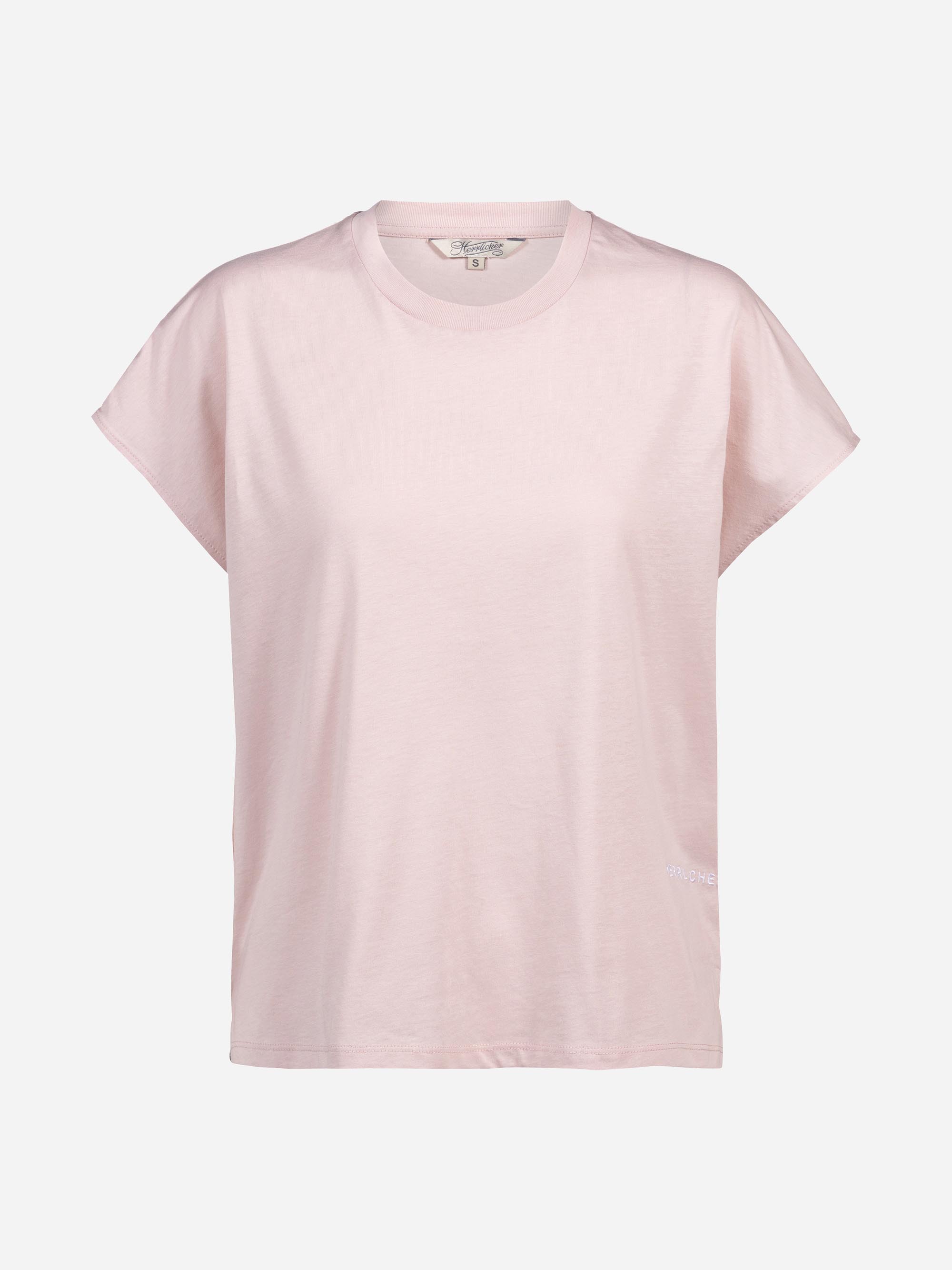 Ein schlichtes, hellrosa T-Shirt mit kurzen Ärmeln und rundem Halsausschnitt auf weißem Hintergrund.
