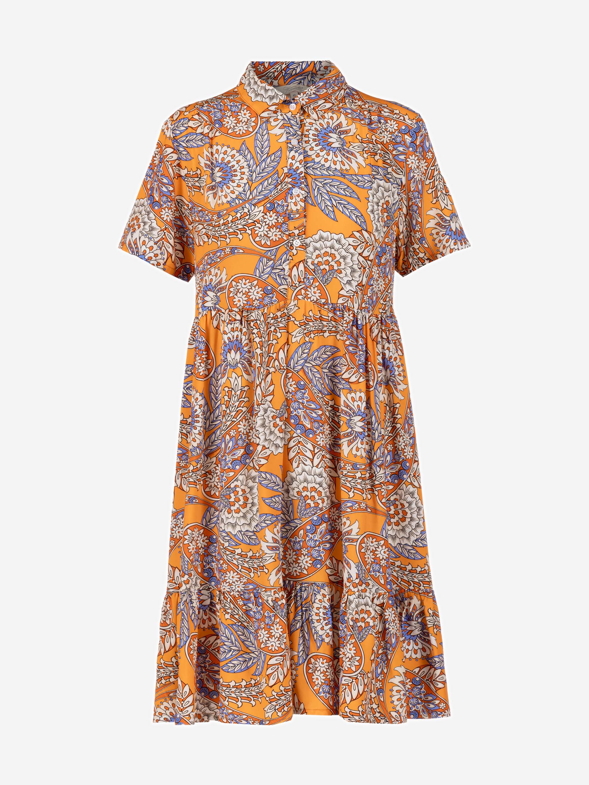 Knielanges, kurzärmeliges Kleid mit Kragenausschnitt, orangefarbenem Grundton und buntem Paisleydruck in Blau-, Weiß- und Rottönen. Das Kleid hat eine lockere Passform und einen gestuften Rock.