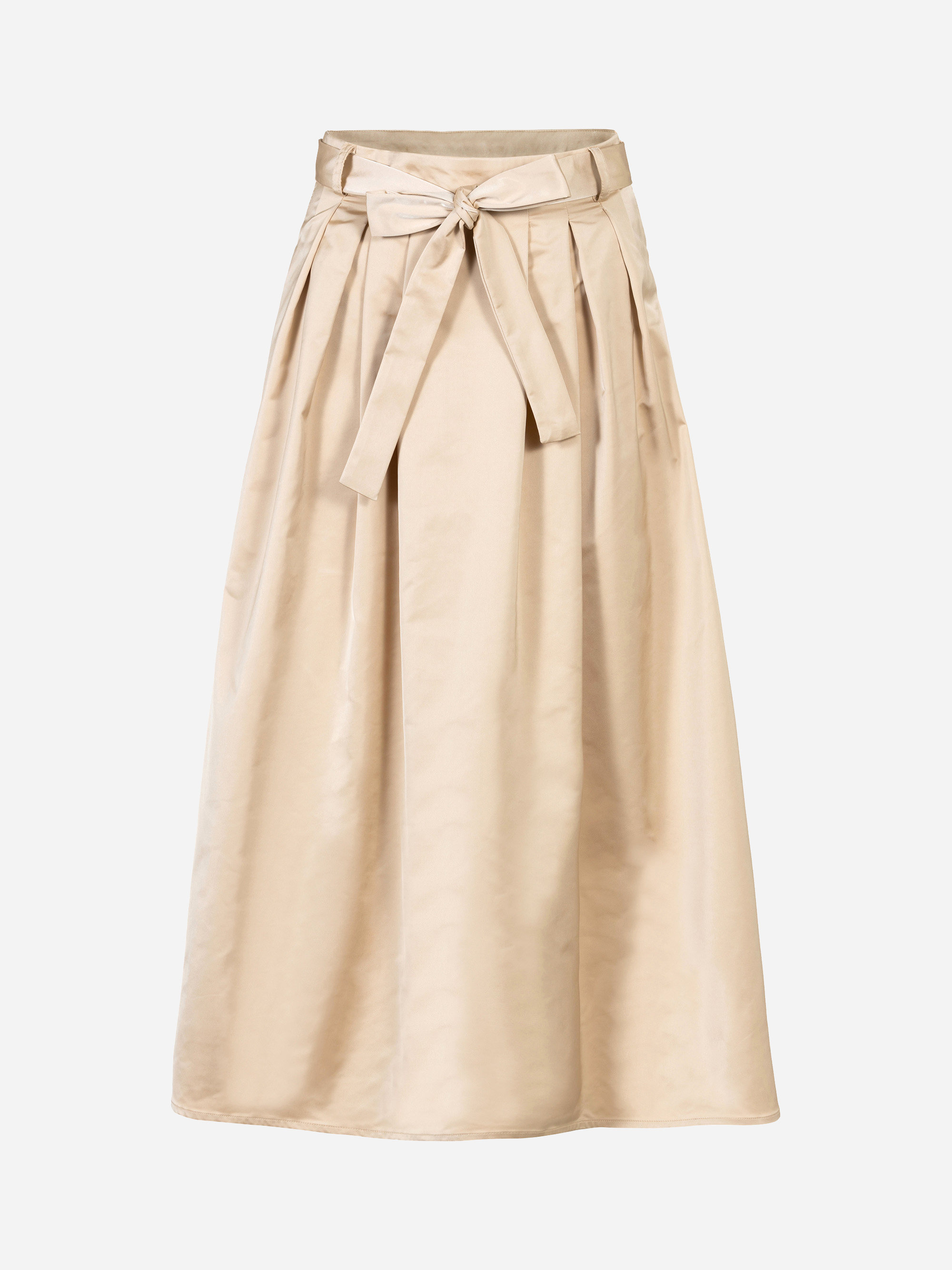 Ein beiger, knöchellanger Rock in A-Linie mit hoher Taille, Falten und einem passenden Stoffgürtel, der vorne mit einer Schleife gebunden wird.