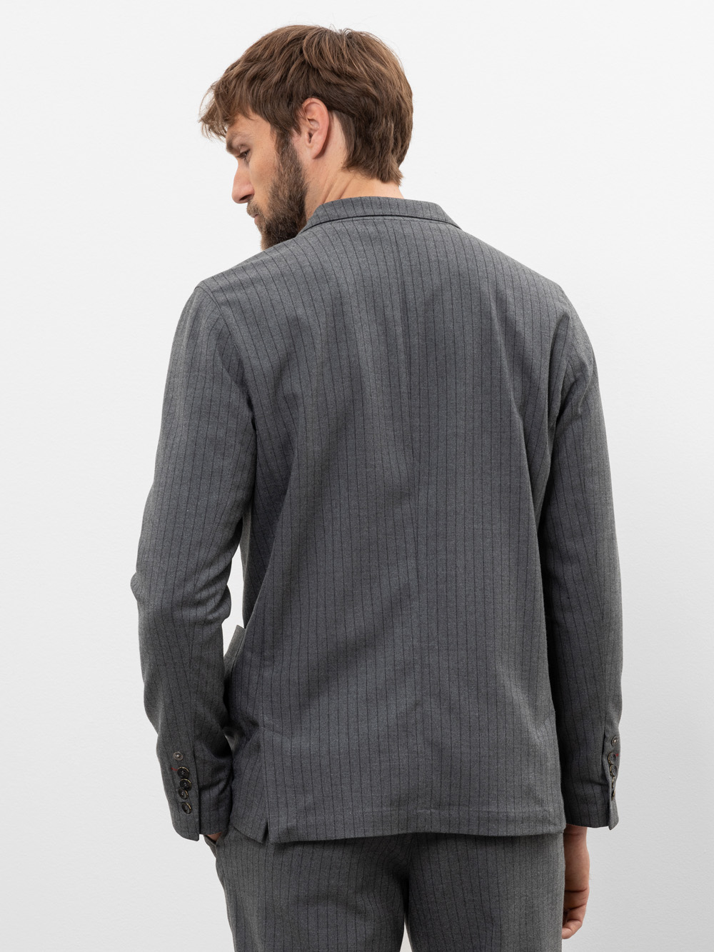 Ein Mann mit braunen Haaren und Bart trägt einen grauen Nadelstreifenanzug, der von hinten vor einem schlichten weißen Hintergrund fotografiert wurde.