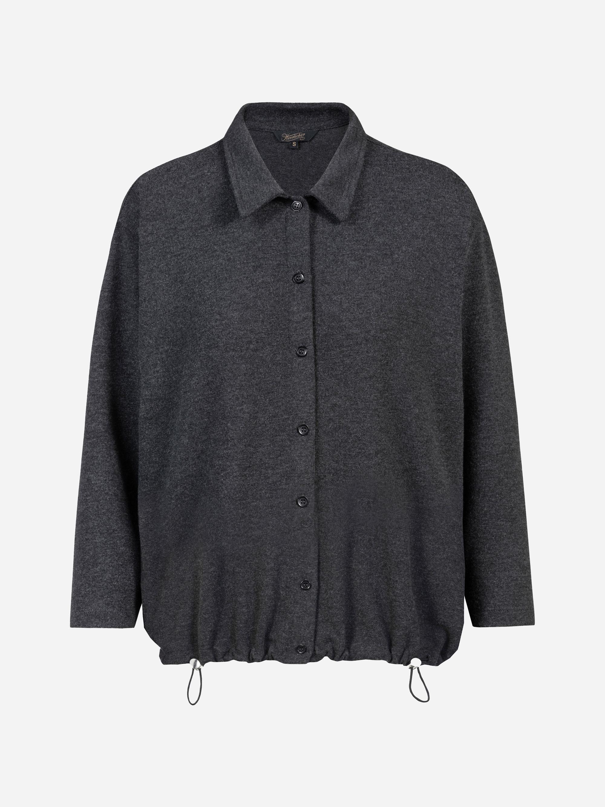 Dunkelgraues Hemd mit Kragen, langen Ärmeln und verstellbarem Kordelzug am Saum auf einfarbig weißem Hintergrund.