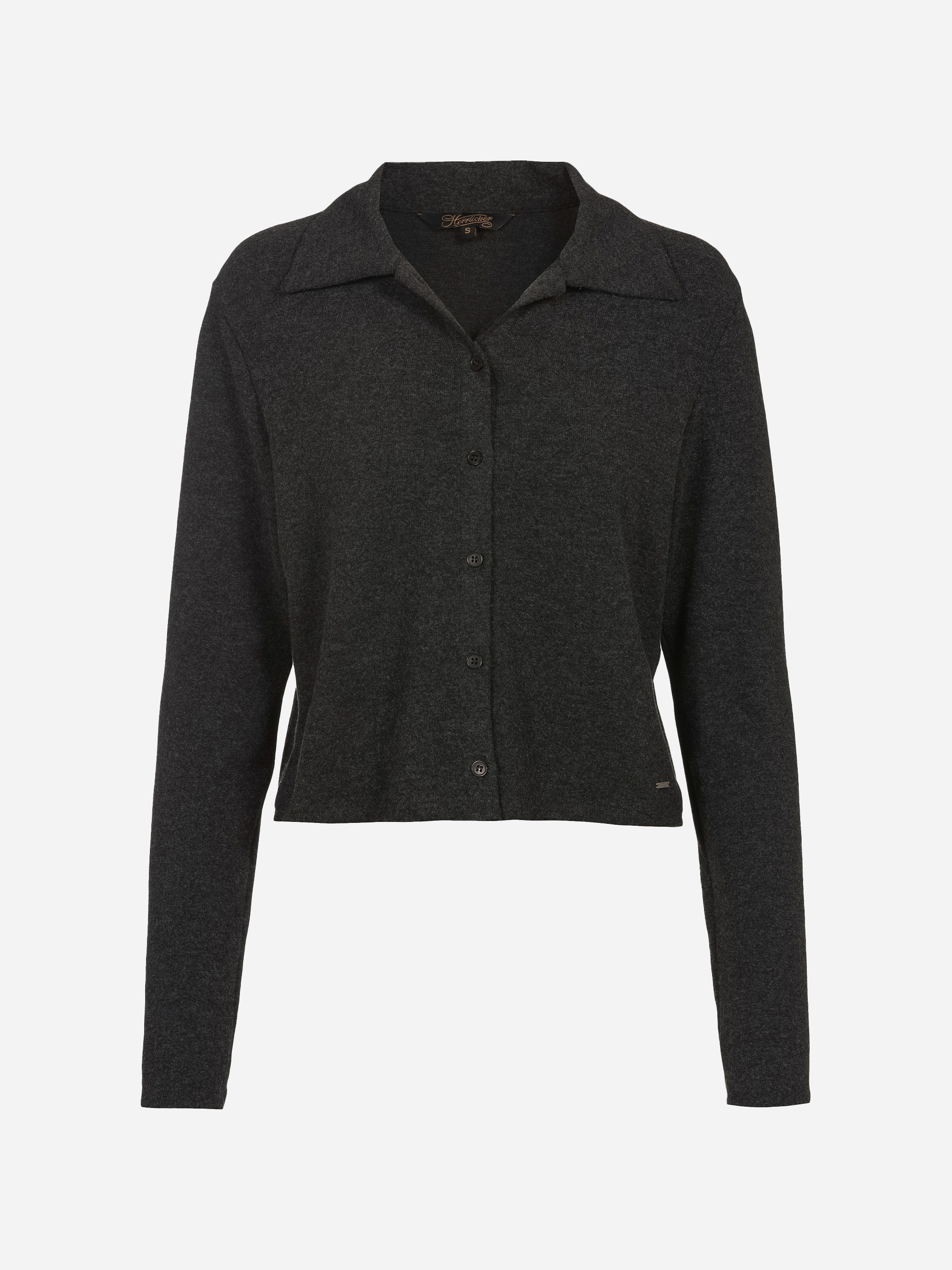 Eine langärmelige, geknöpfte, dunkelgraue Strickjacke mit Kragen, die vor einem schlichten weißen Hintergrund steht.