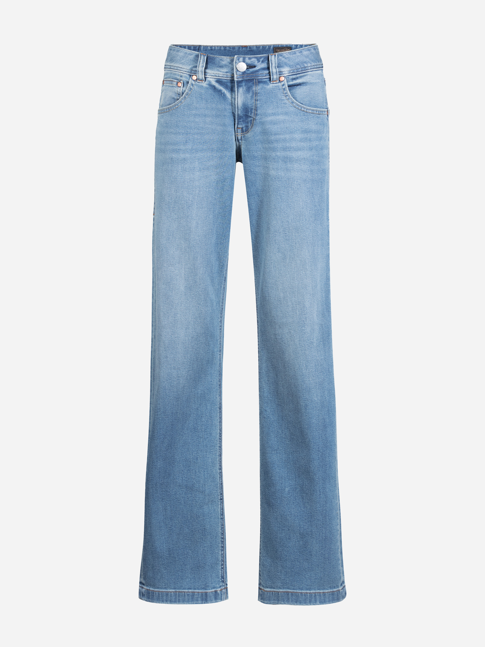 Hellblaue Denim-Jeans mit hoher Taille, leichtem Fading an den Oberschenkeln, fünf Taschen und weitem Bein, vor einem schlichten weißen Hintergrund.