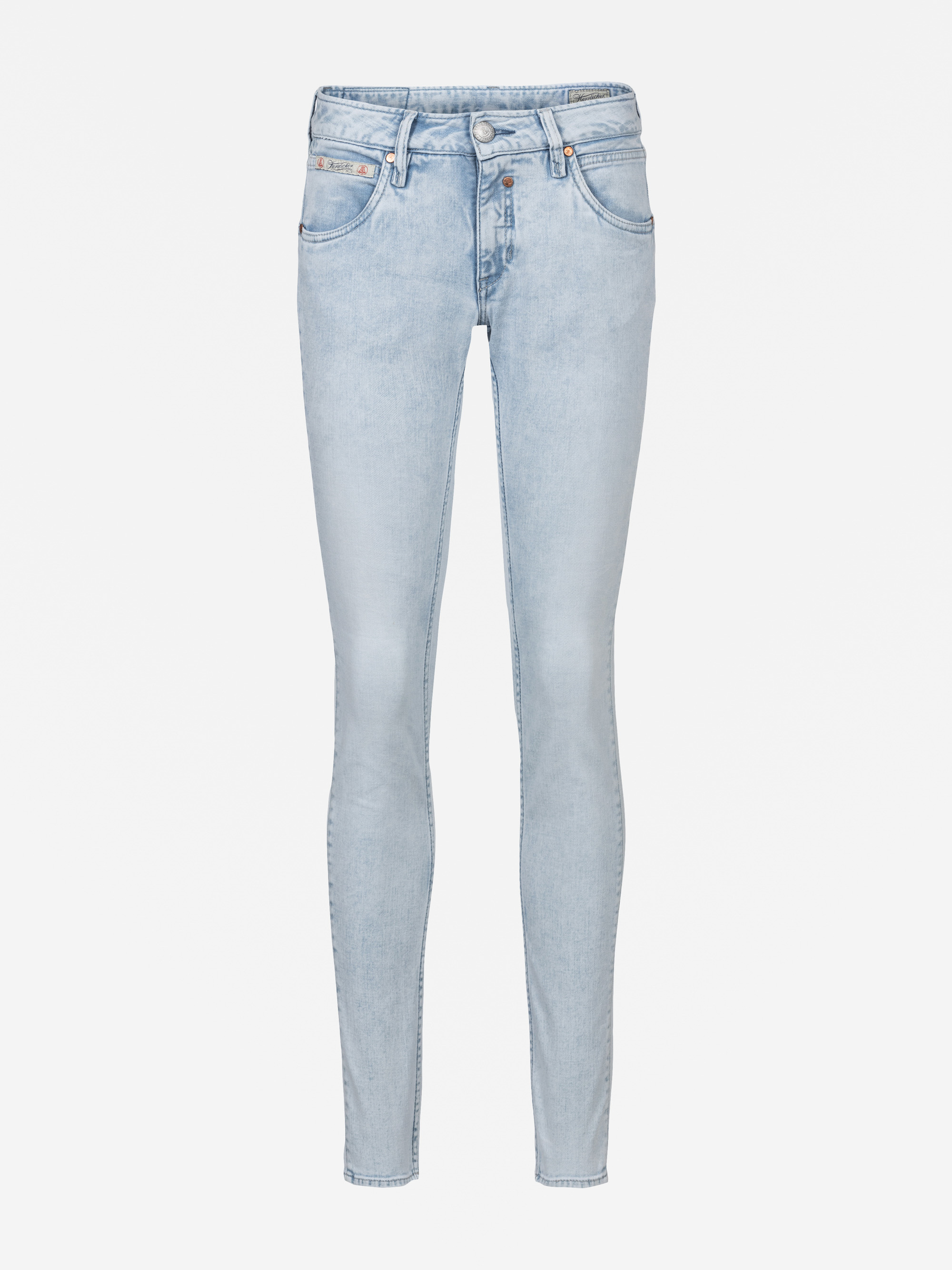 Hellblaue Skinny-Jeans mit hoher Taille, Reißverschluss und Knopfverschluss vorne und fünf Taschen auf weißem Hintergrund.