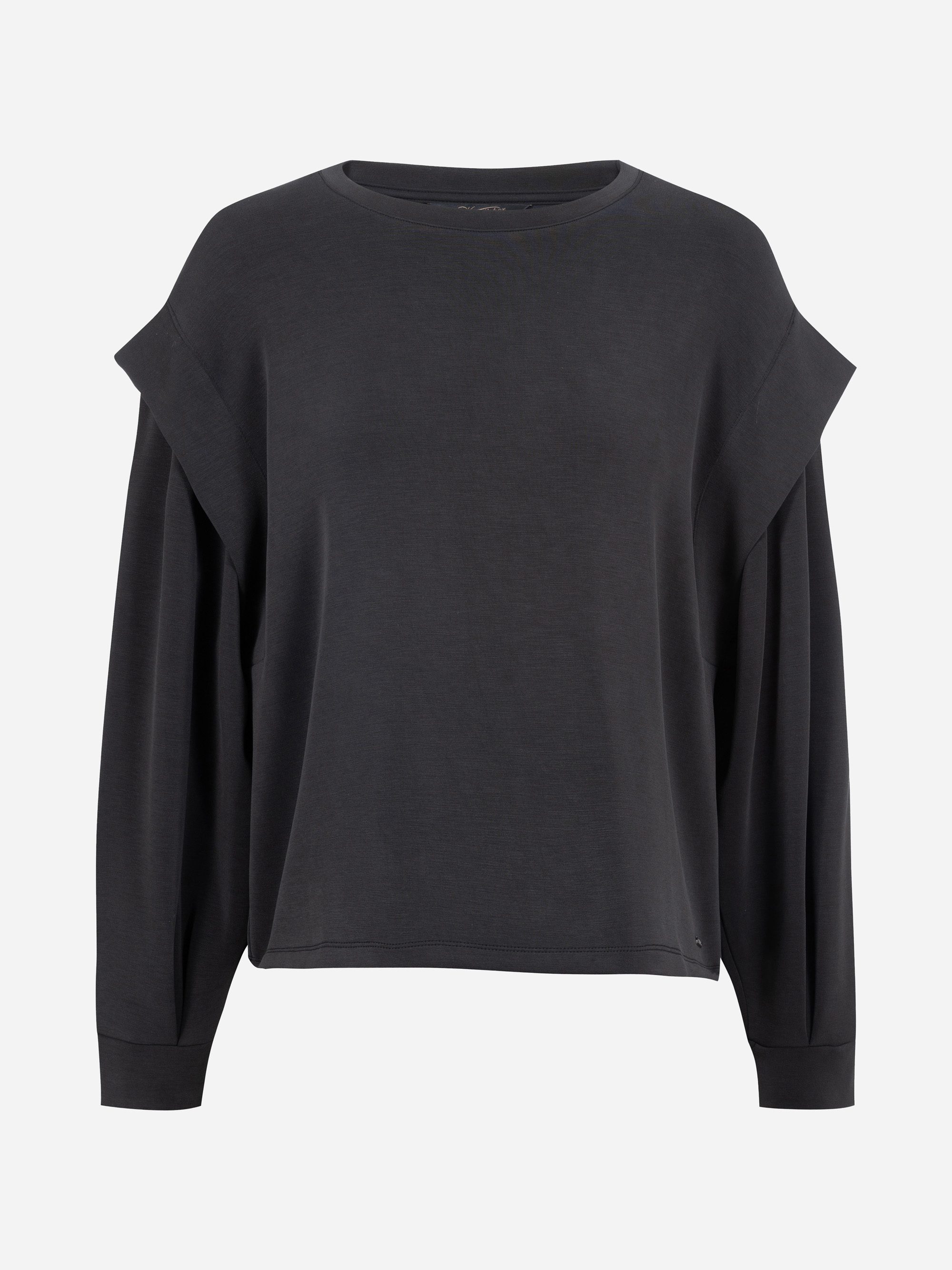 Schwarzes, locker sitzendes, langärmeliges Sweatshirt mit breiten Schulterpartien und Rundhalsausschnitt auf einfarbig weißem Grund.