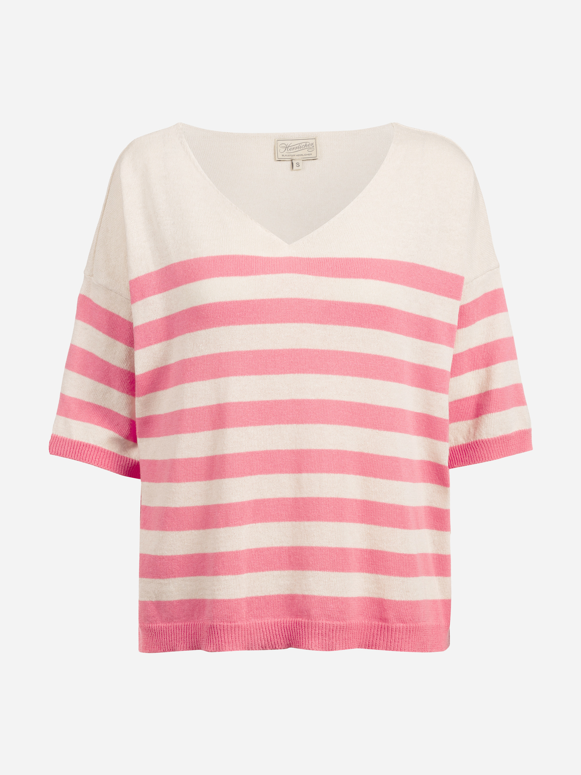 Kurzärmeliger, locker sitzender Strickpullover mit weißem Oberteil und rosa Querstreifen am Körper und an den Ärmeln. Der Pullover hat einen V-Ausschnitt und einen gerippten Saum.