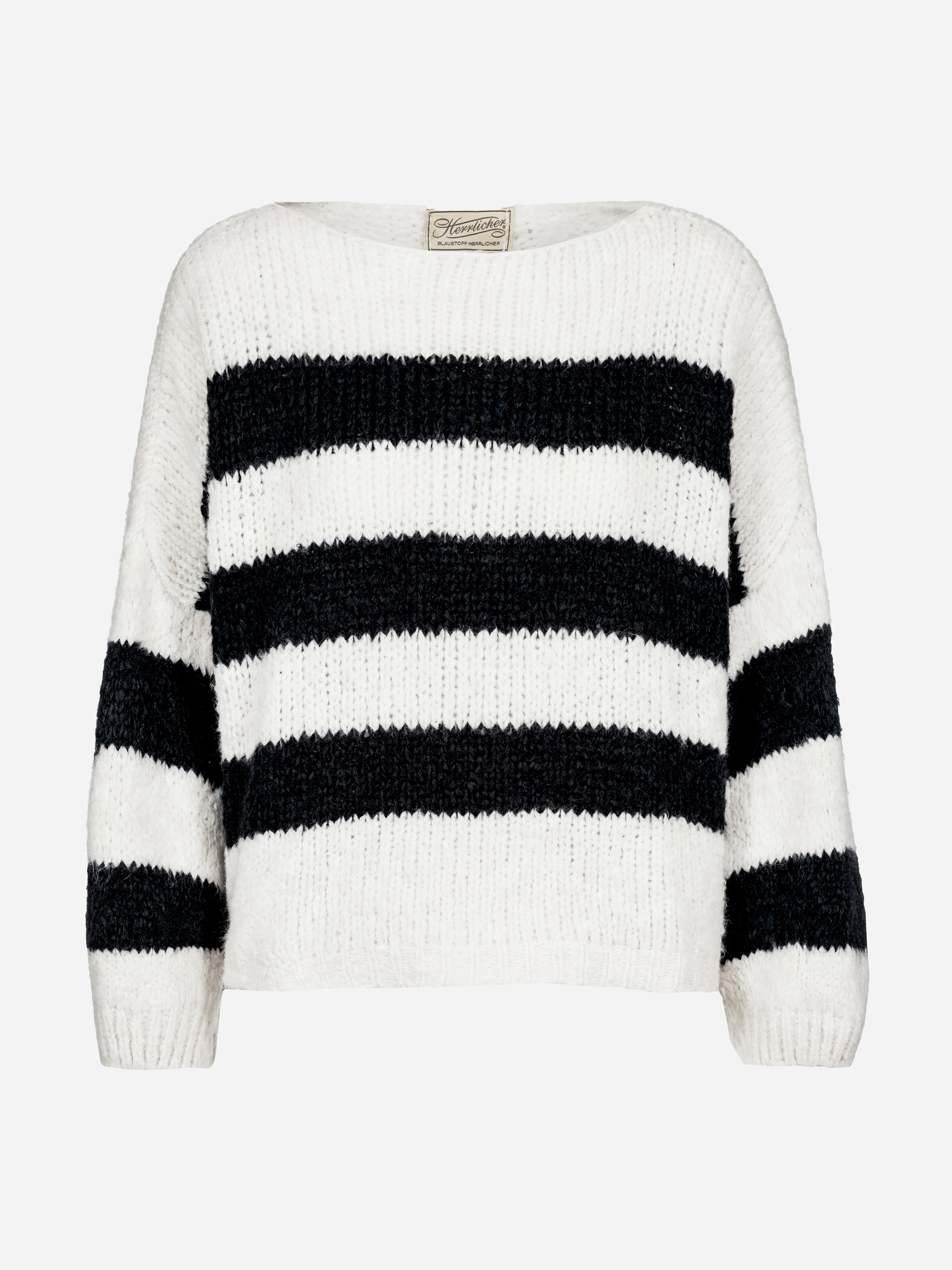 Ein kuscheliger, langärmeliger Pullover mit breiten schwarzen und weißen Querstreifen, lockerer Passform und Rundhalsausschnitt.