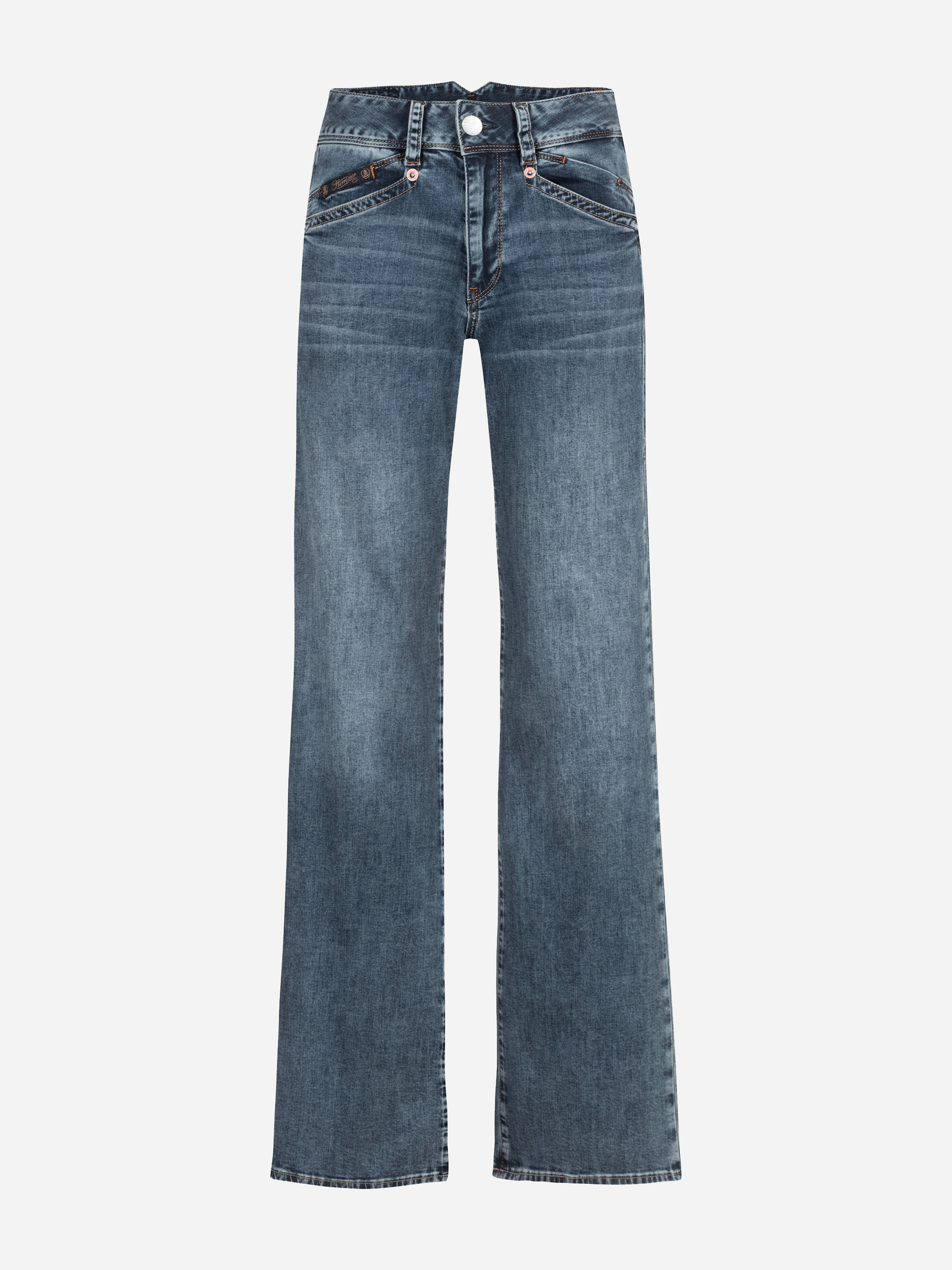 Blaue Jeans mit hoher Taille, geradem Beinschnitt, Reißverschluss vorne, zwei Knöpfen und diagonalen Reißverschlusstaschen an den Hüften, dargestellt auf weißem Hintergrund.