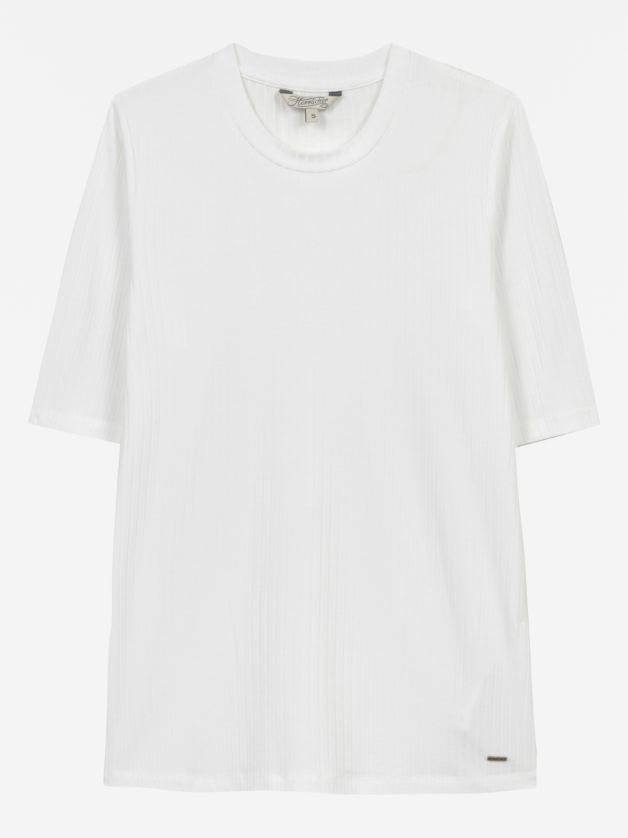 Ein schlichtes, weißes, kurzärmeliges T-Shirt mit Rundhalsausschnitt auf weißem Hintergrund. Das Shirt hat ein dezentes, strukturiertes Muster und ein kleines Etikett am unteren Saum.