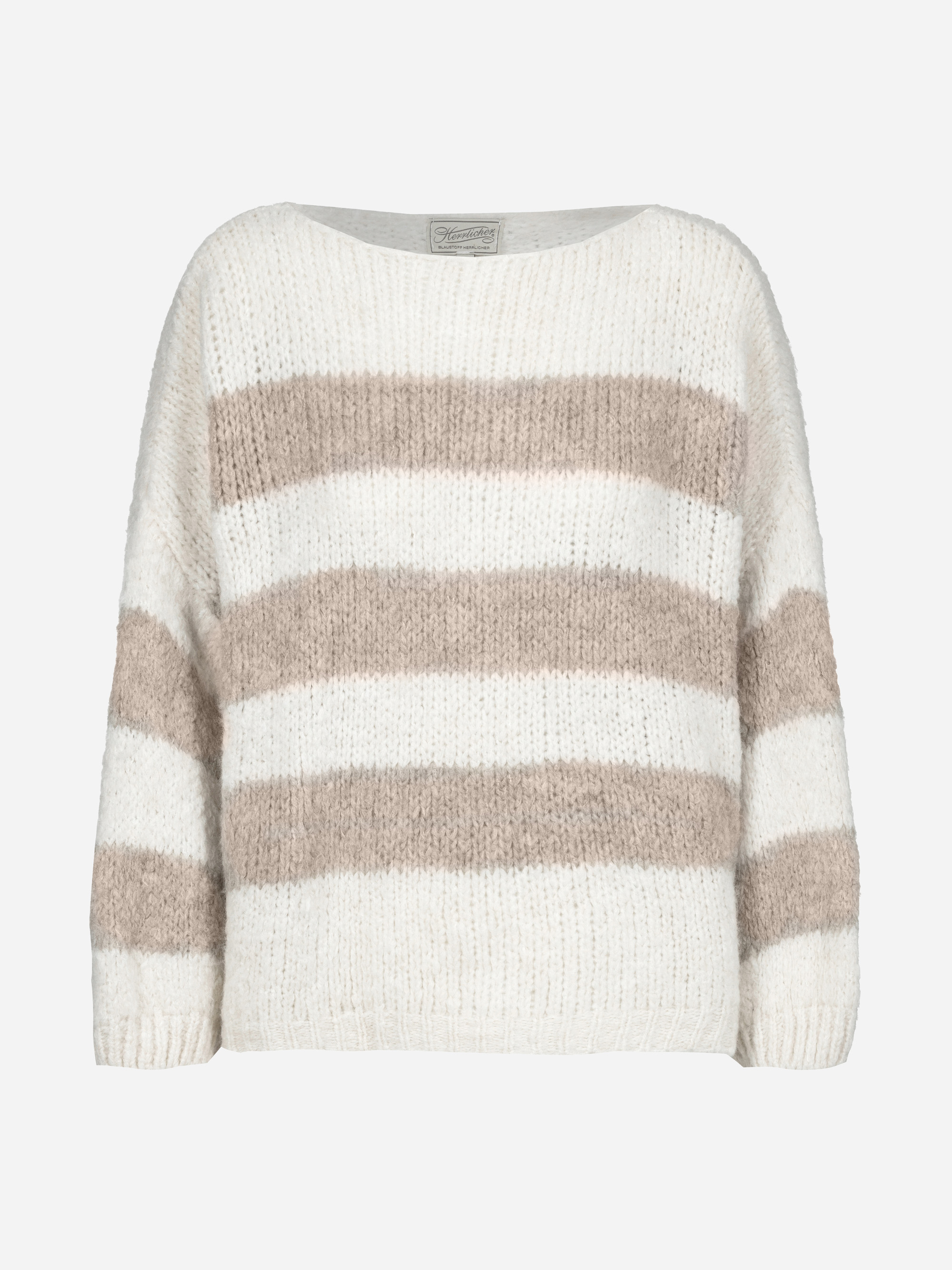 Ein kuscheliger, langärmeliger Strickpullover mit breiten Querstreifen in Beige und Weiß, mit Rundhalsausschnitt und lockerer Passform. Die Textur wirkt weich und flauschig.