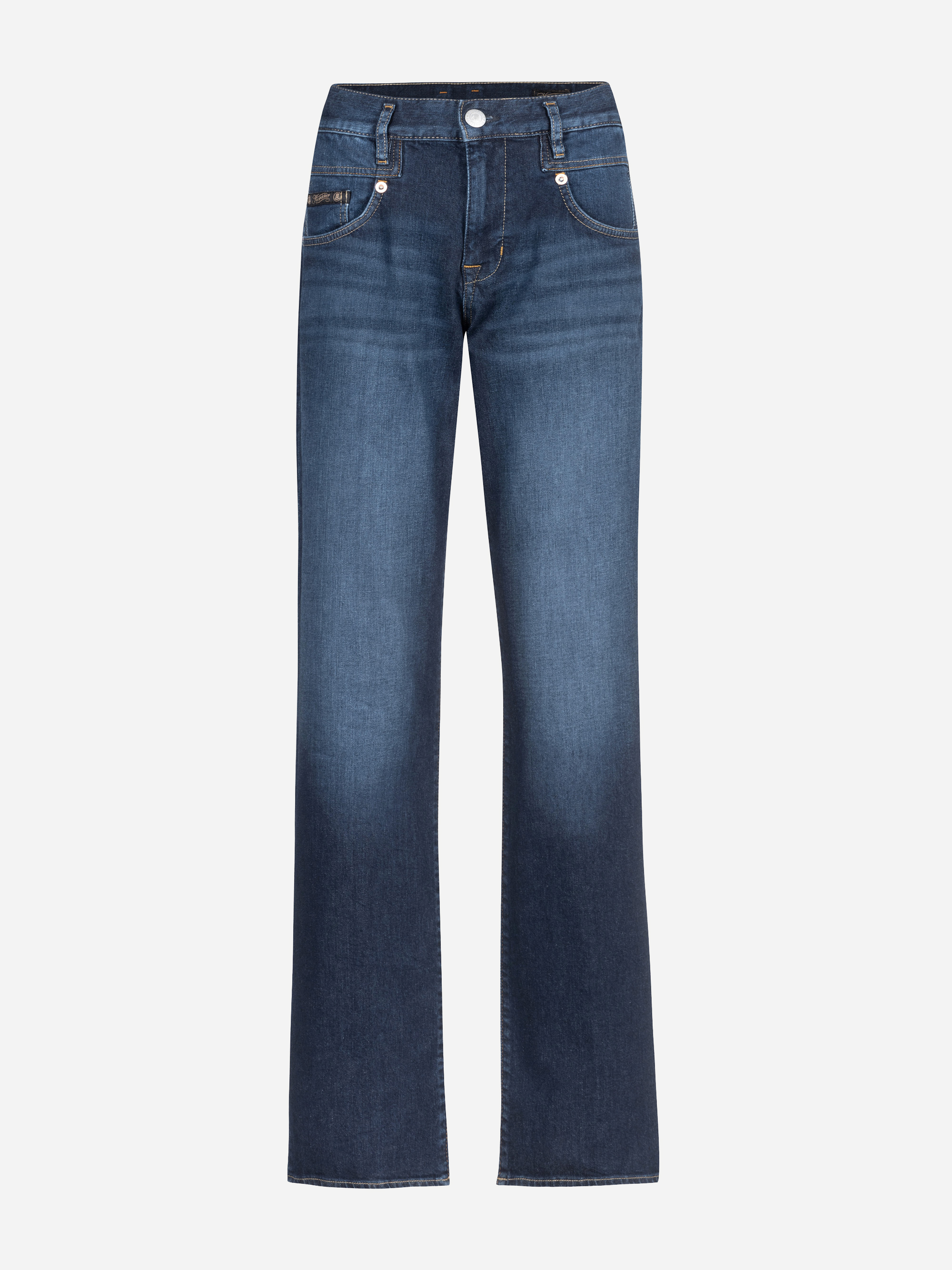 Blaue Jeans mit geradem Bein, verwaschener Optik, Fünf-Taschen-Design und silbernem Knopfverschluss, vor weißem Hintergrund präsentiert.