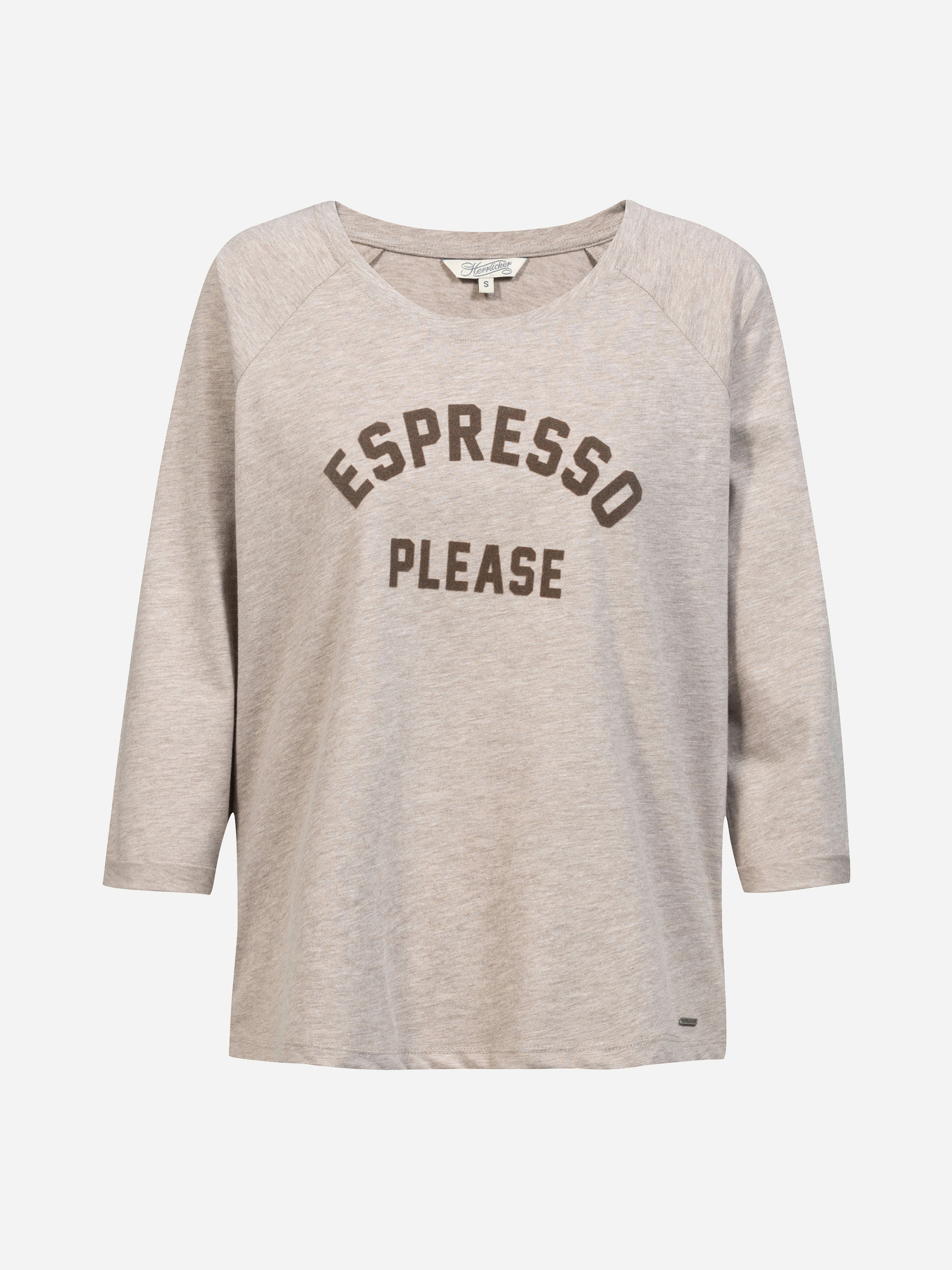 Ein hellbeiges Langarmshirt mit dem Aufdruck „ESPRESSO PLEASE“ in fetten, braunen Buchstaben auf der Vorderseite. Das Shirt hat eine lockere Passform und einen Rundhalsausschnitt.