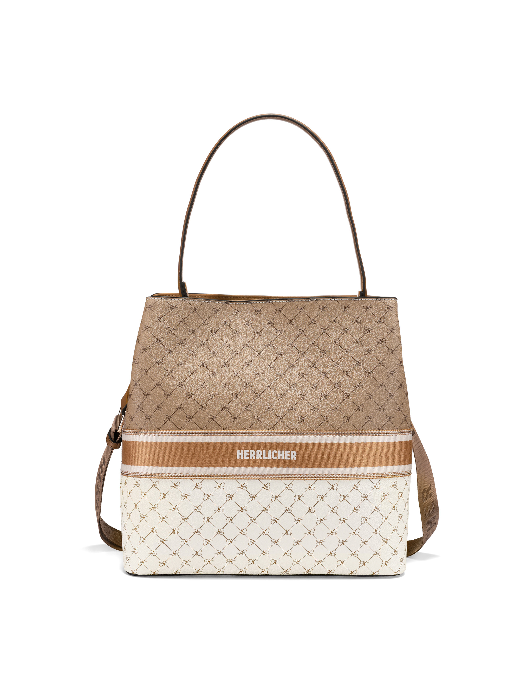 Eine stilvolle, zweifarbige Handtasche mit hellbraunem Oberteil und weißem Unterteil mit geometrischem Muster, braunen Griffen, einem verstellbaren Schulterriemen und dem Aufdruck der Marke Herrlicher auf der Vorderseite.