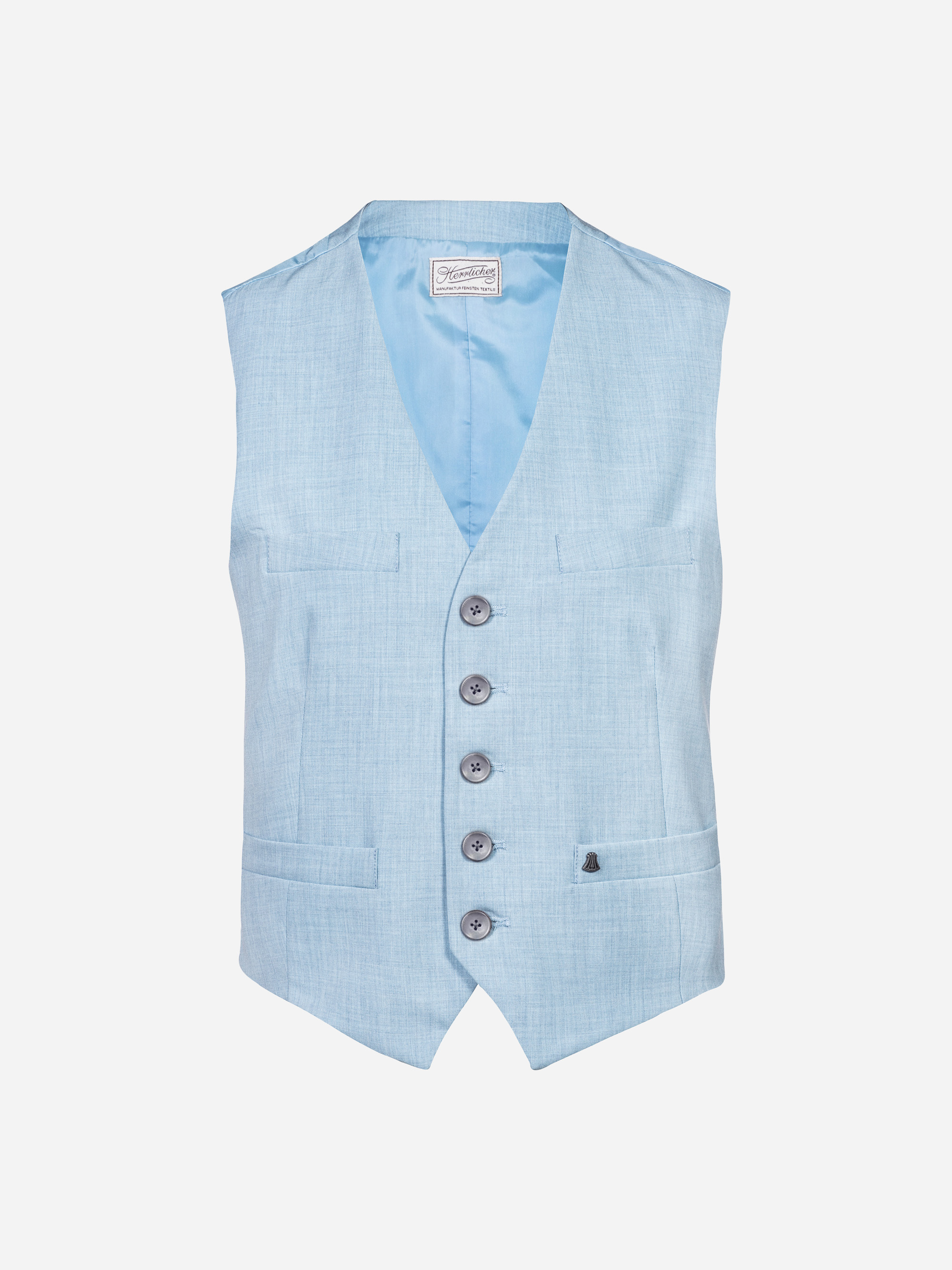 Hellblaue, ärmellose formelle Weste mit fünf Knöpfen auf der Vorderseite, zwei unteren Taschen, zwei Brusttaschen und einem hellblauen Innenfutter auf weißem Grund.