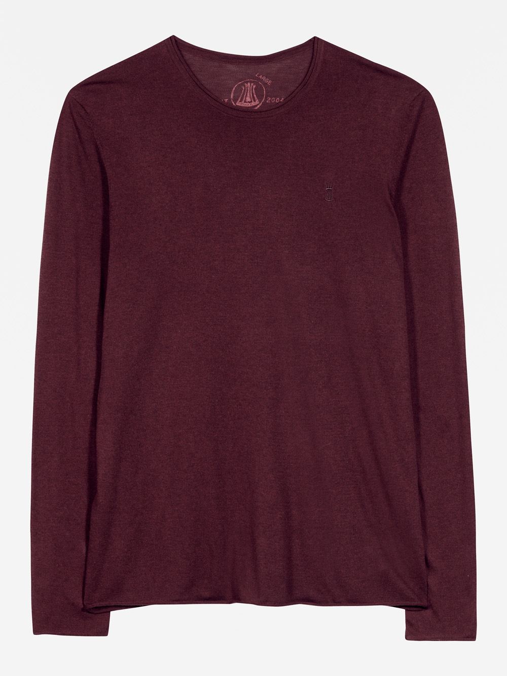 Ein schlichtes, langärmeliges T-Shirt mit Rundhalsausschnitt in unifarbenem Burgunderrot, das sich flach auf weißem Hintergrund präsentiert.