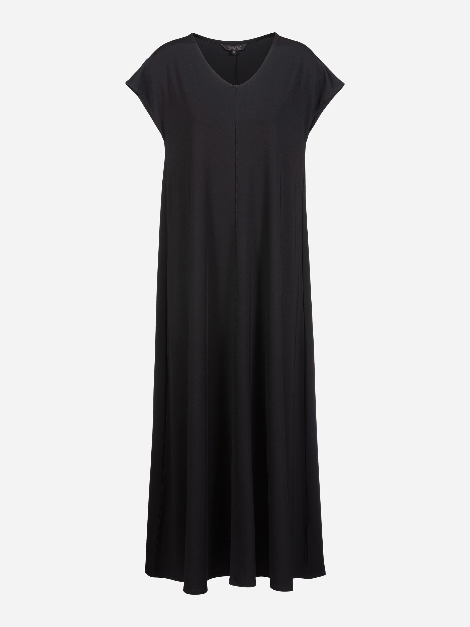 Ein locker sitzendes, kurzärmeliges schwarzes Maxikleid mit V-Ausschnitt, das sich vor einem schlichten weißen Hintergrund präsentiert.