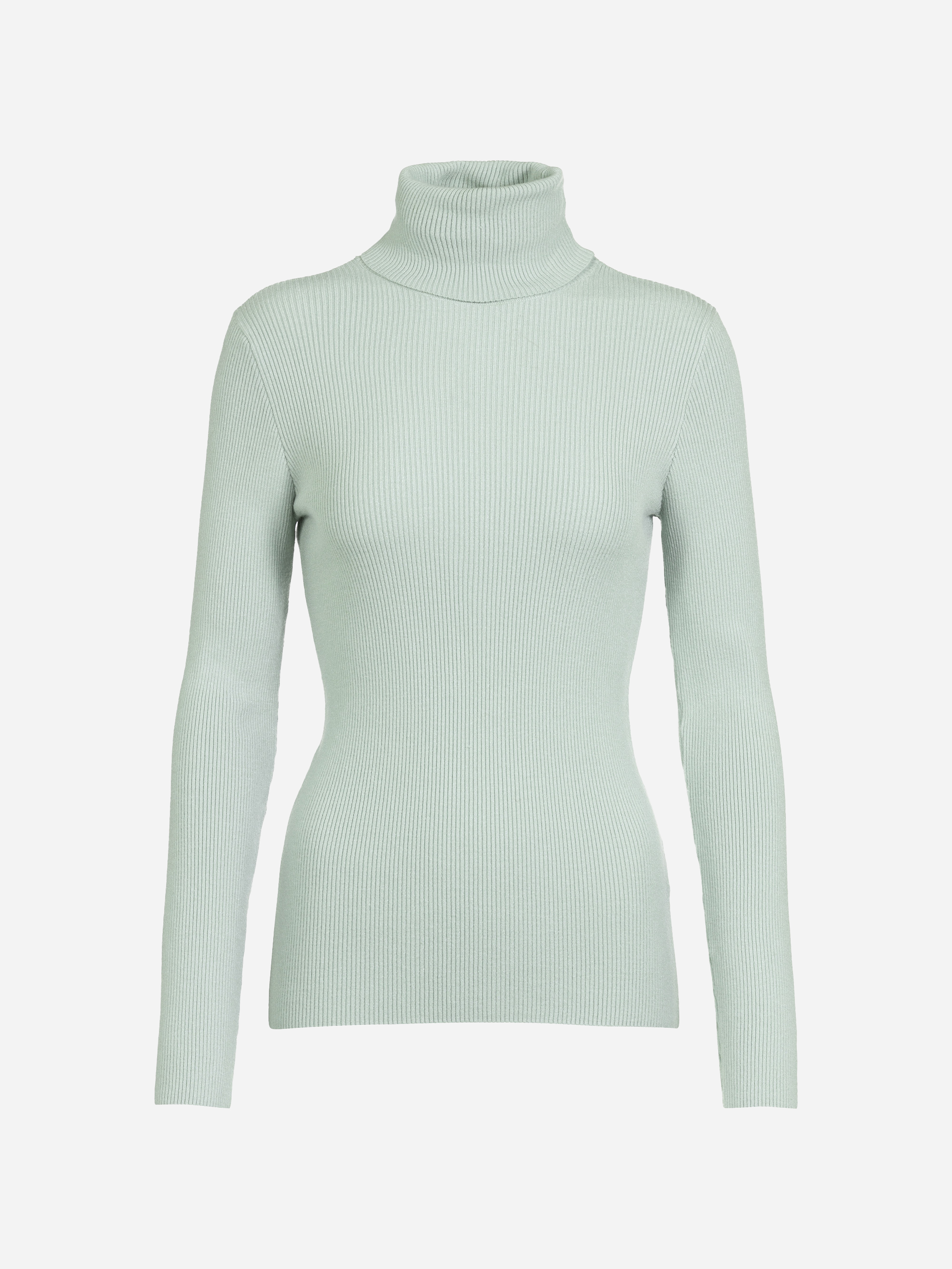 Hellmintgrüner, gerippter Rollkragenpullover mit langen Ärmeln, taillierter Silhouette, ohne sichtbare Muster oder Verzierungen, auf einfarbig weißem Grund.