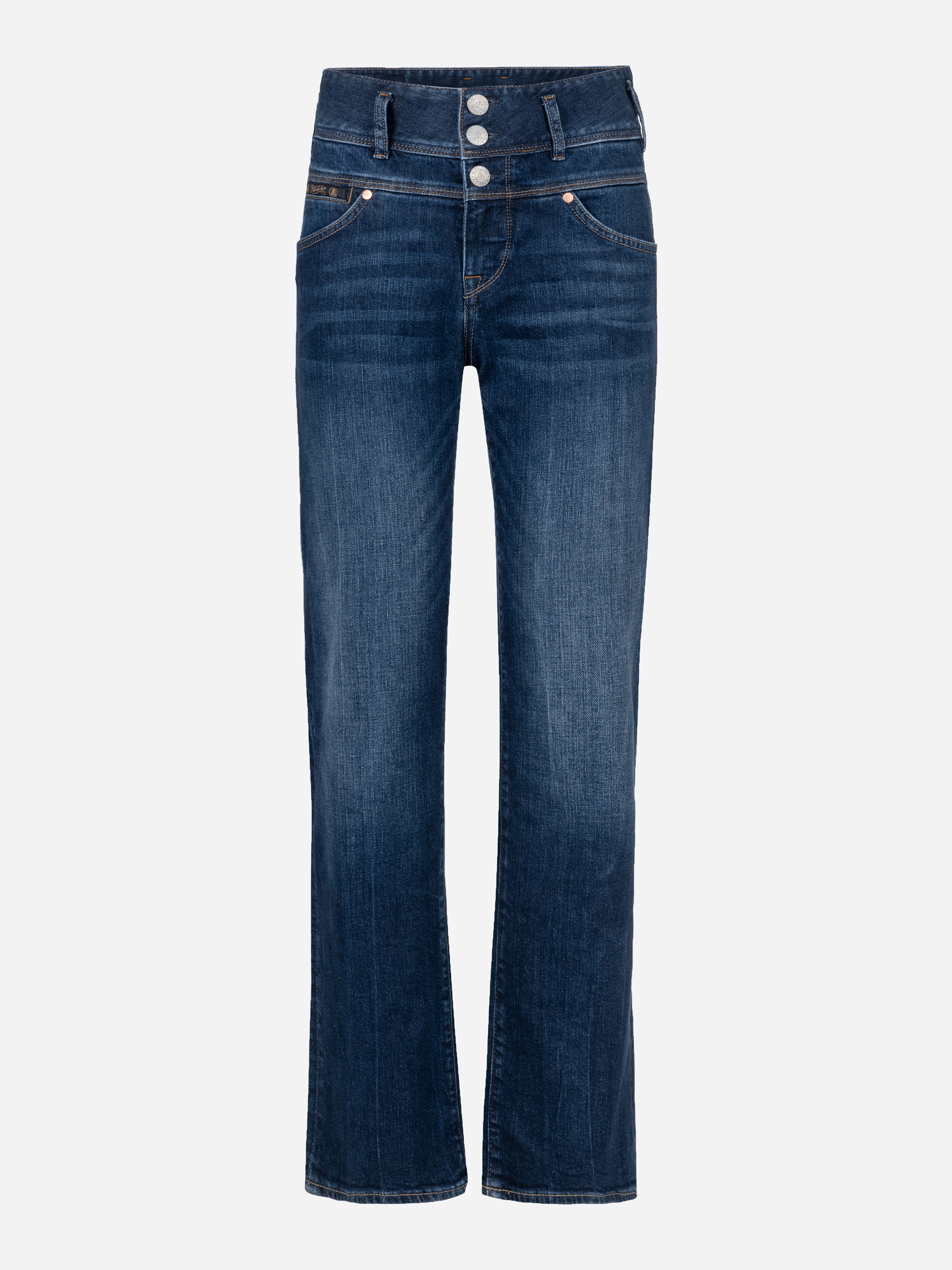 Ein Paar dunkelblaue Jeans mit hoher Taille, drei Knöpfen vorne, Taschen vorne und hinten und einem geraden Beinschnitt, dargestellt vor einem einfarbig weißen Hintergrund.