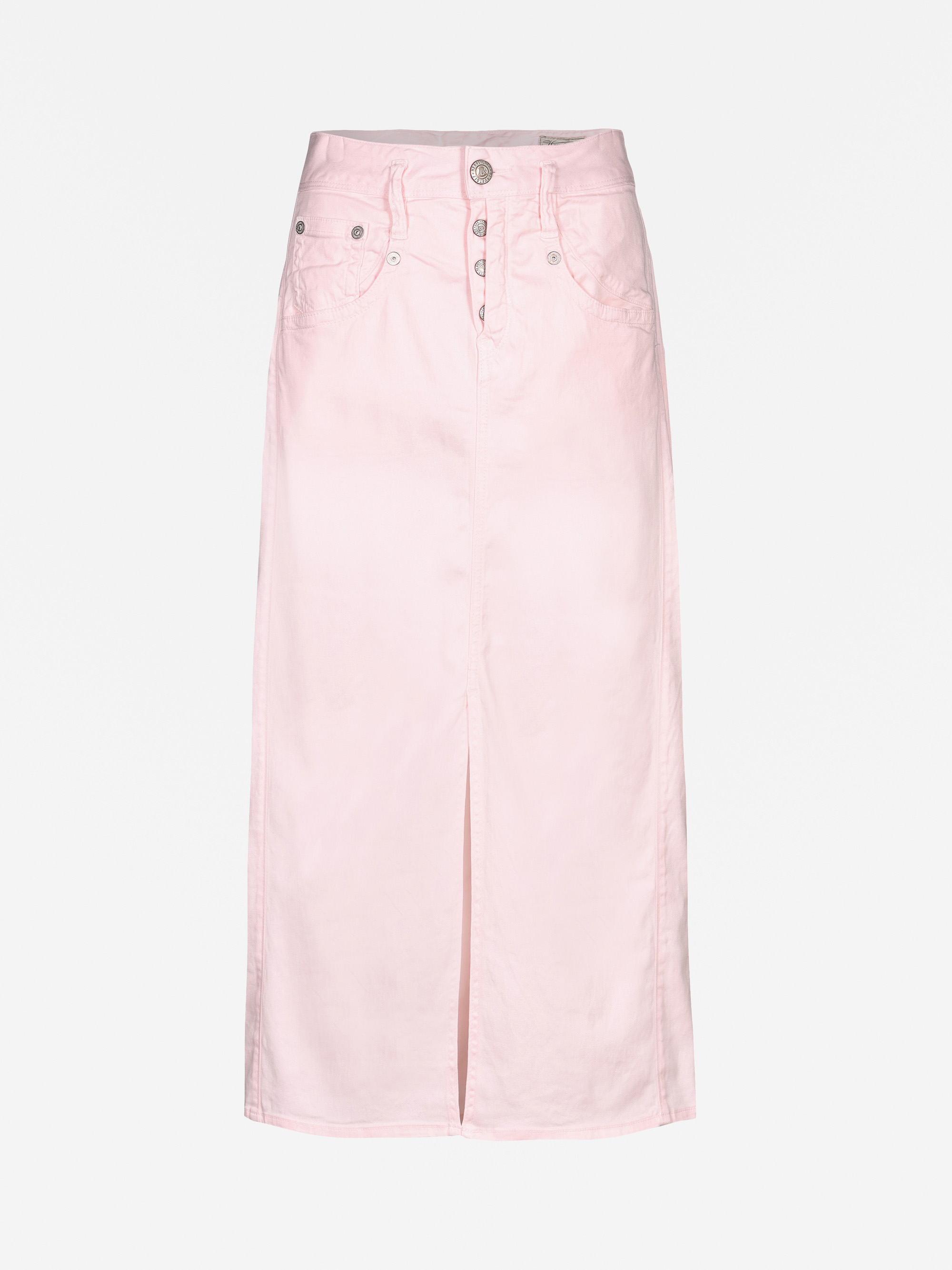 Ein hellrosa, hochtaillierter Jeansrock mit Knöpfen vorne, Taschen und einem Schlitz in der Mitte vorne. Der Rock ist wadenlang und wird vor einem schlichten weißen Hintergrund präsentiert.