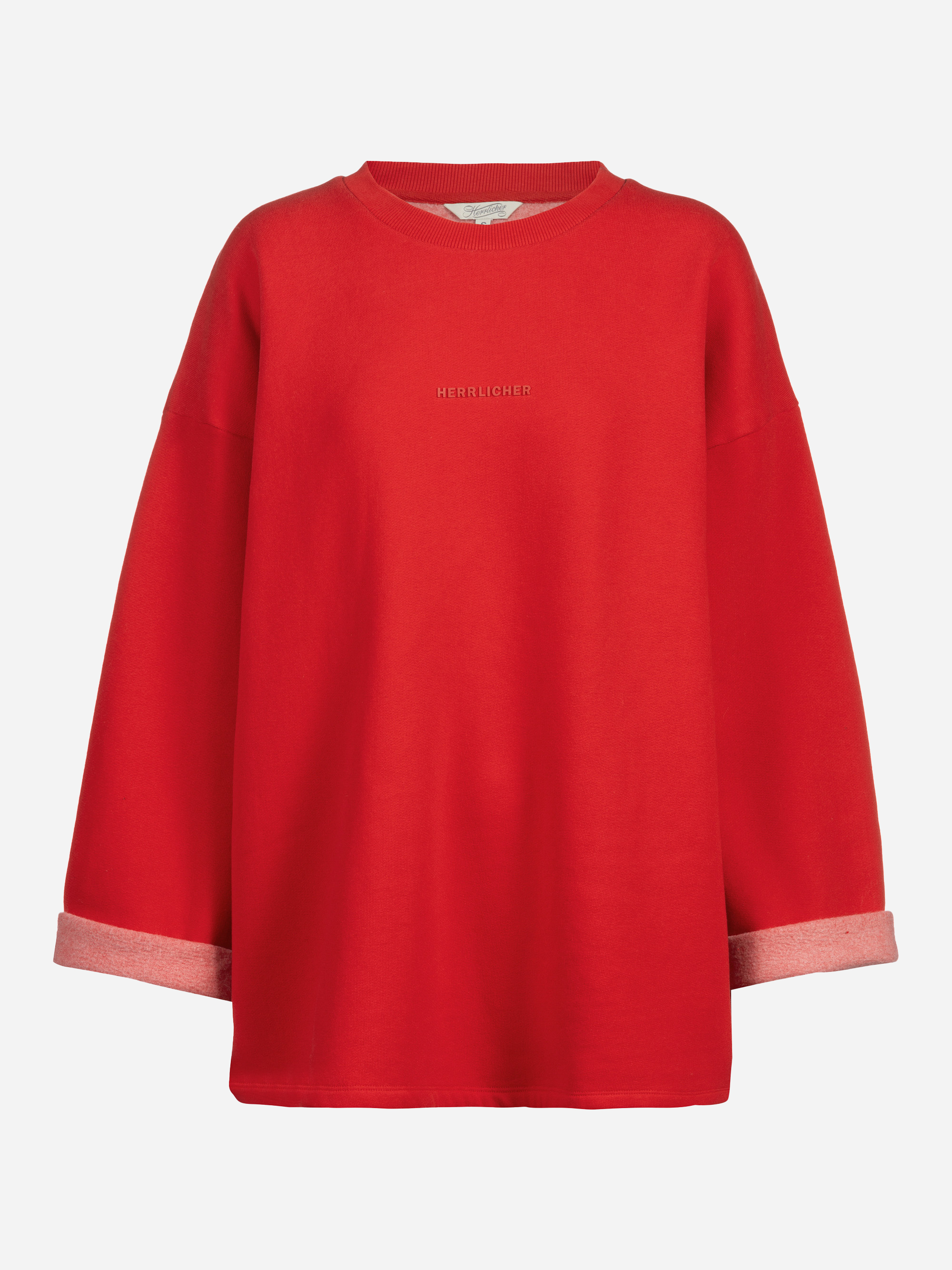 Ein locker sitzendes, leuchtend rotes Sweatshirt mit weiten Ärmeln, hellrosa Rollbündchen und einem kleinen weißen Schriftzug mit der Aufschrift Herblichter auf der Brust, der sich von einem schlichten weißen Hintergrund abhebt.
