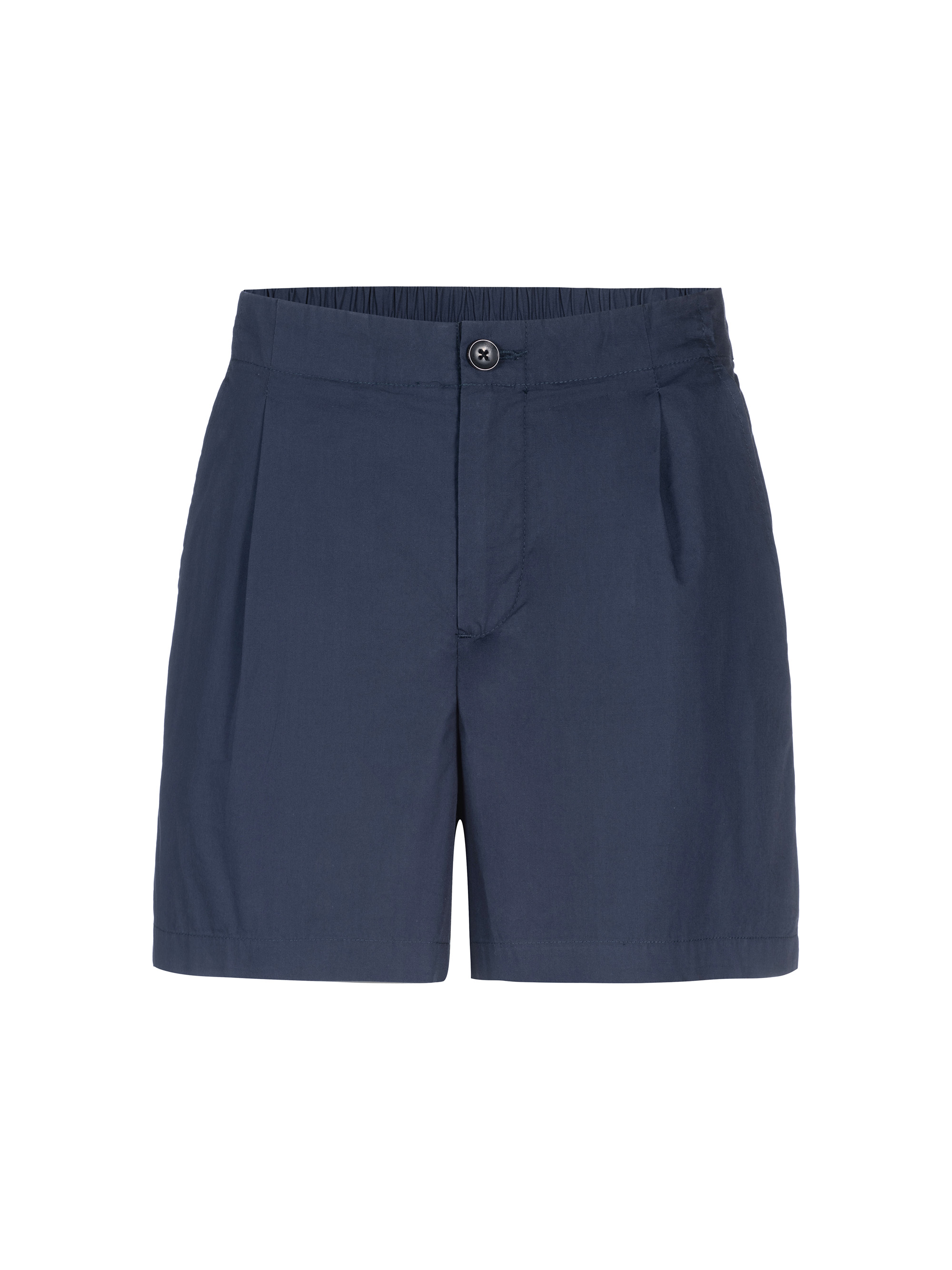 Marineblaue Shorts mit Knopf- und Reißverschluss, Falten vorne und Seitentaschen. Die Shorts haben eine gerade Passform und einen elastischen Bund auf der Rückseite. Sie werden vor einem schlichten weißen Hintergrund gezeigt.