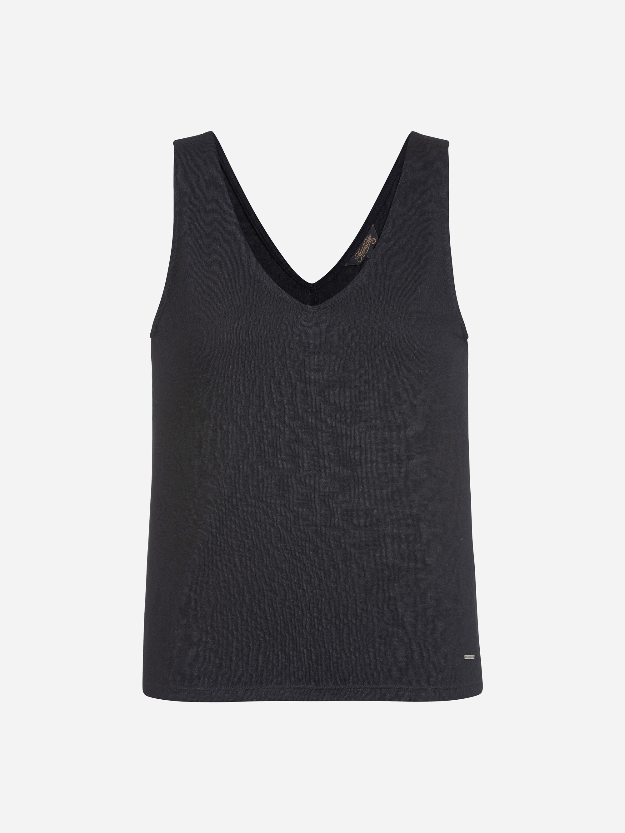 Ein ärmelloses schwarzes Tank-Top mit V-Ausschnitt auf weißem Hintergrund.