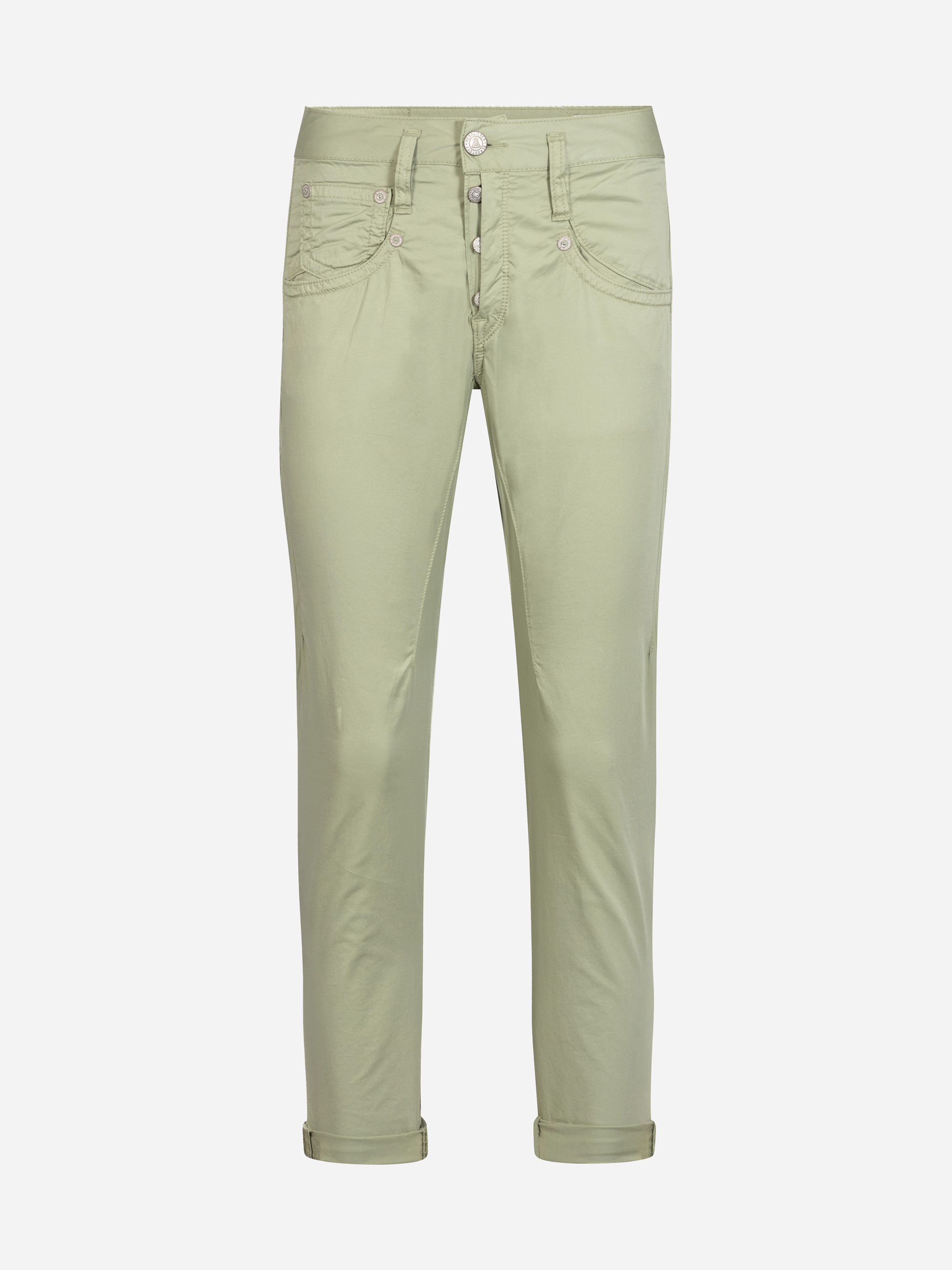 Hellgrüne Hose mit geradem Bein, Bündchen am Saum, Knopf- und Reißverschluss vorne und mehreren Taschen vorne, auf einfarbig weißem Hintergrund.