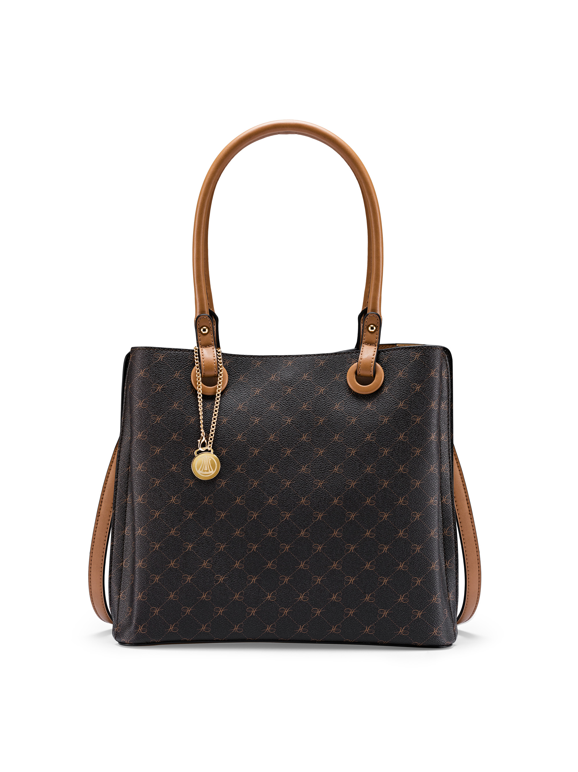 Eine elegante, dunkelbraune Ledertasche mit einem dezenten geometrischen Muster, hellbraunen Doppelgriffen, hellbraunen Seitenakzenten und einem goldenen, runden Anhänger an einem Griff.