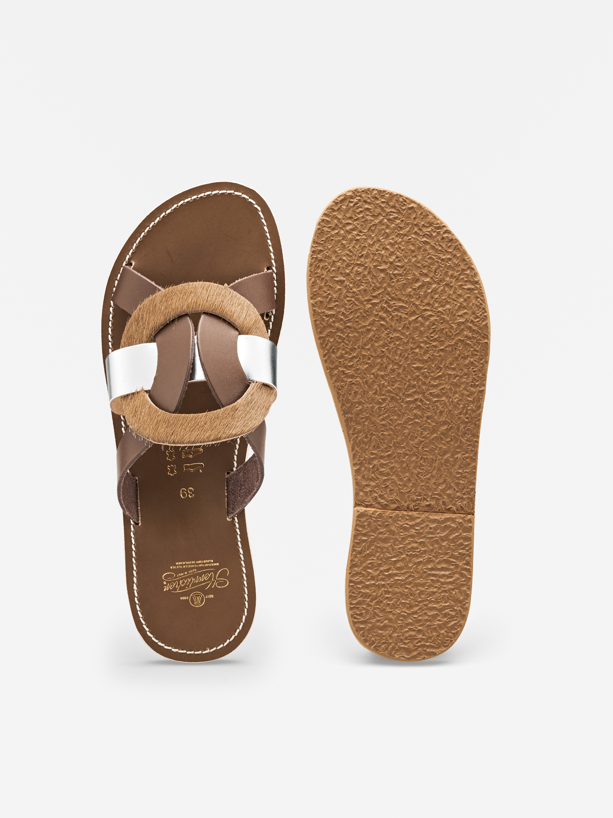 Ein Paar braune Sandalen mit strukturierten Sohlen, Lederriemen und einem runden Akzent auf dem Obermaterial. Eine Sandale ist von oben und die andere von unten vor einem weißen Hintergrund abgebildet.