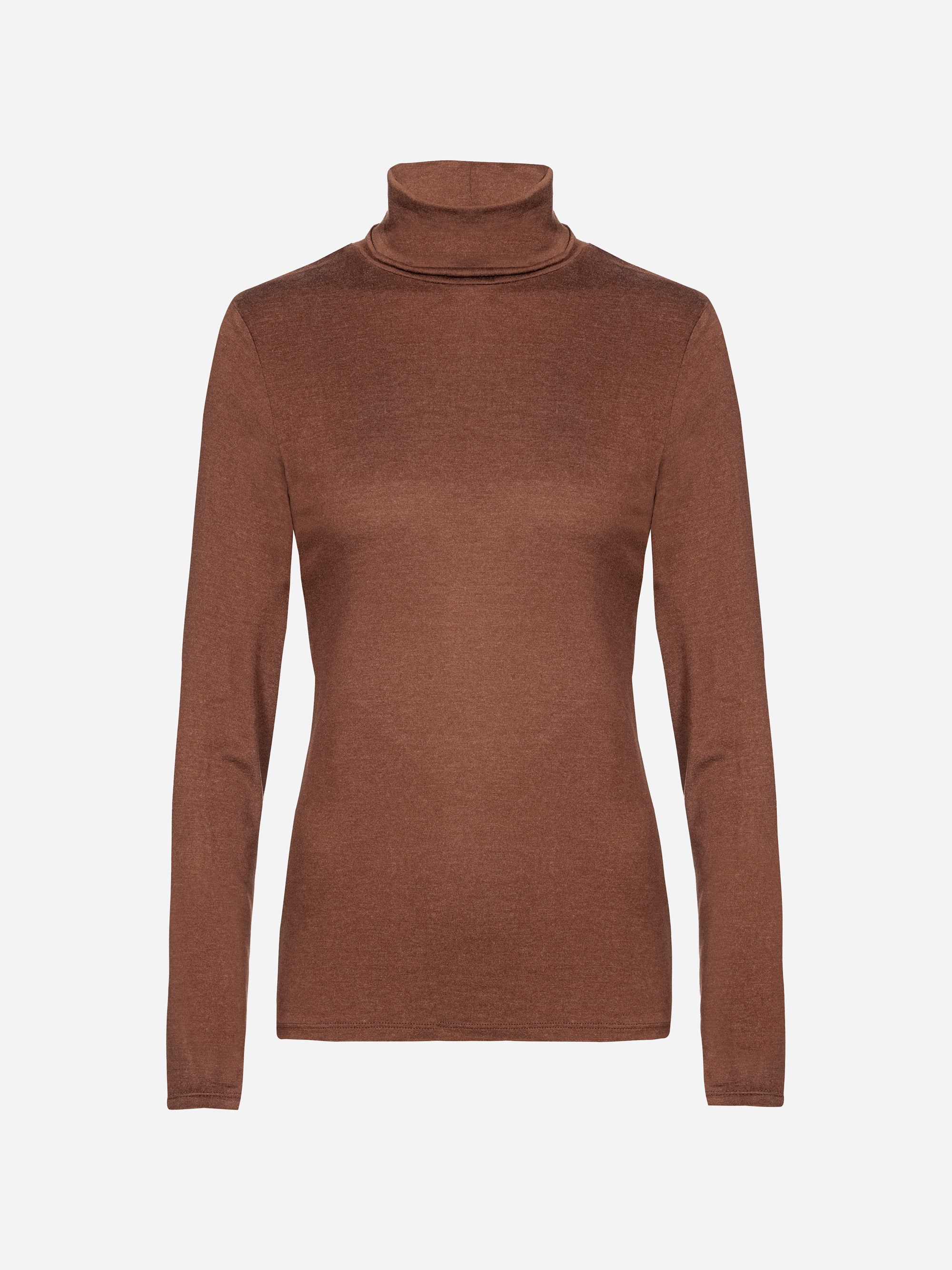 Ein schlichter, langärmeliger, brauner Rollkragenpullover ist auf einem weißen Hintergrund abgebildet.