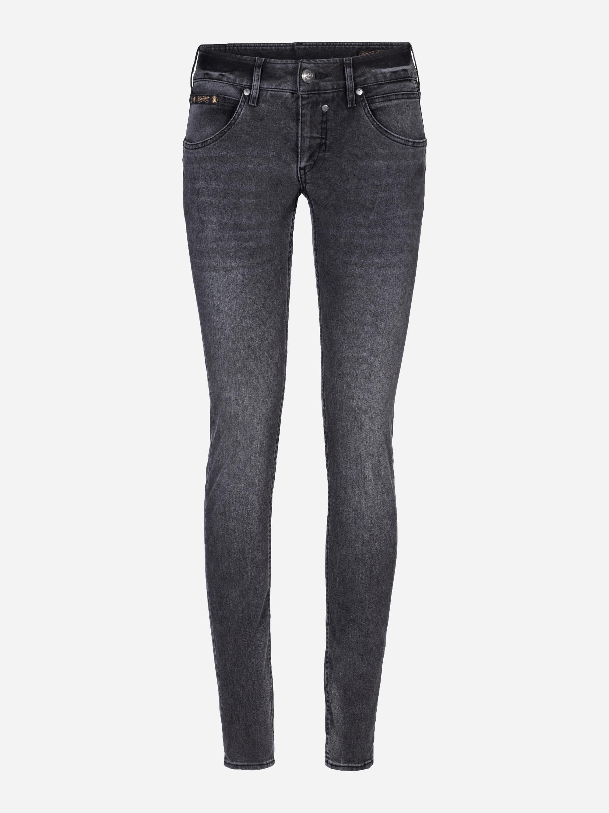 Schwarze Skinny-Jeans mit verblasster Waschung, Vorder- und Gesäßtaschen, Gürtelschlaufen, Knopf- und Reißverschluss auf weißem Hintergrund.