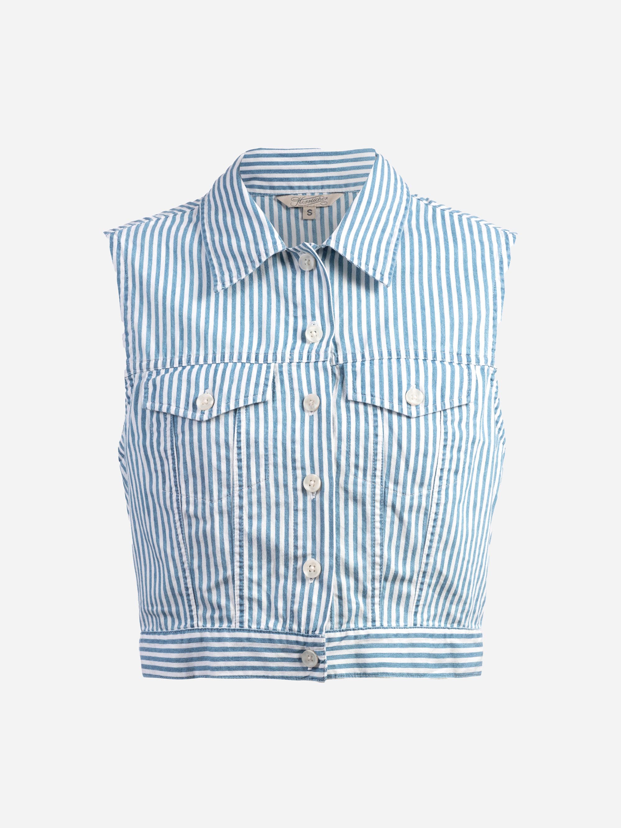 Ärmelloses, geknöpftes Hemd mit Kragen, vertikalen blauen und weißen Streifen und zwei Brusttaschen mit Knöpfen.
