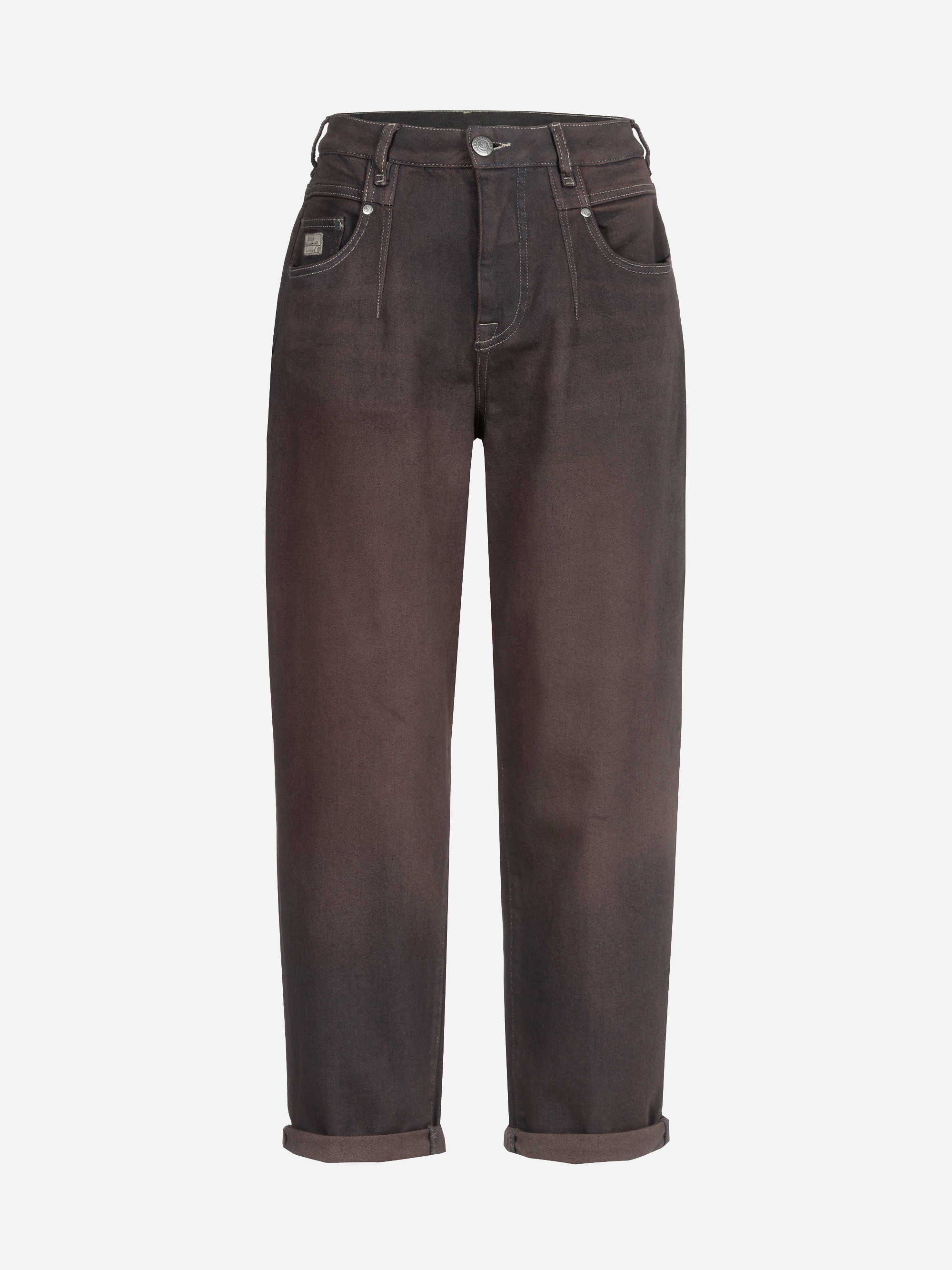 Eine schwarze Jeans mit hoher Taille, geradem Bein, umgeschlagenen Säumen, Vorder- und Gesäßtaschen sowie einem Knopfverschluss, präsentiert vor einem schlichten weißen Hintergrund.