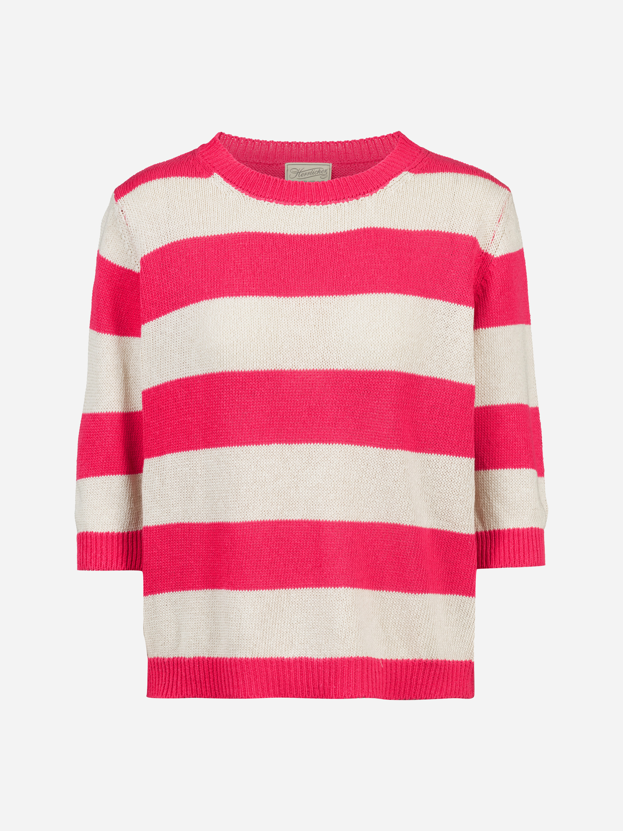Kurzärmeliger Pullover mit breiten Querstreifen in leuchtendem Pink und Off-White, mit Rundhalsausschnitt und gerippten Bündchen und Saum.