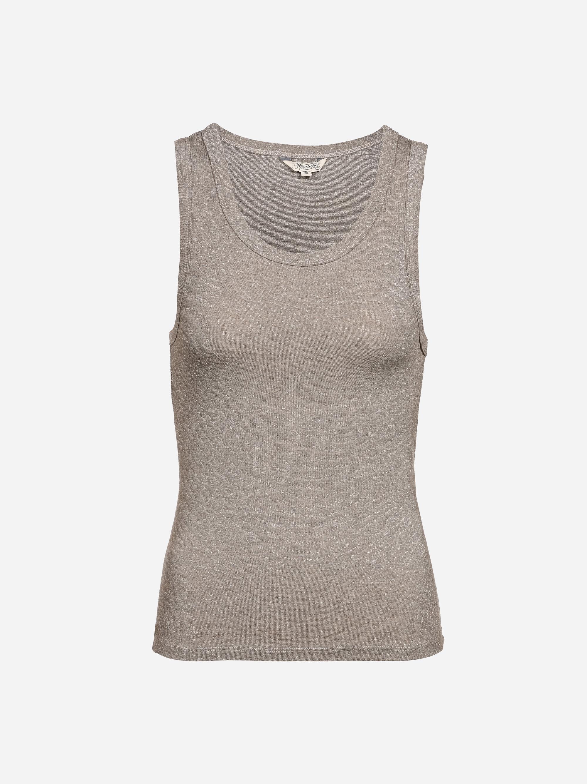 Ein ärmelloses, tailliertes, hellgraues Tank-Top mit rundem Ausschnitt, das auf einem schlichten weißen Hintergrund abgebildet ist.