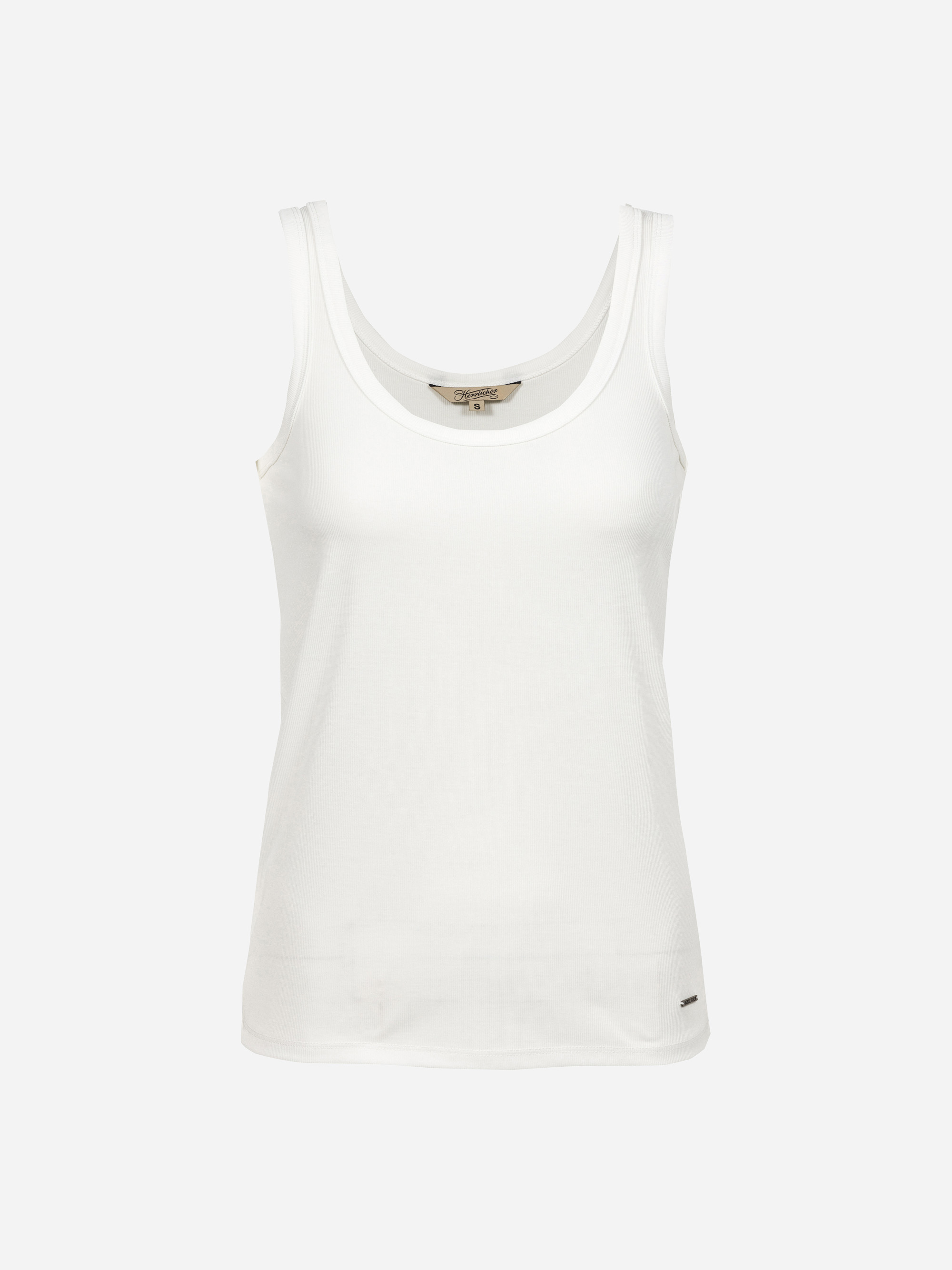 Ein ärmelloses weißes Tank-Top mit Rundhalsausschnitt, das auf einem schlichten hellen Hintergrund abgebildet ist.