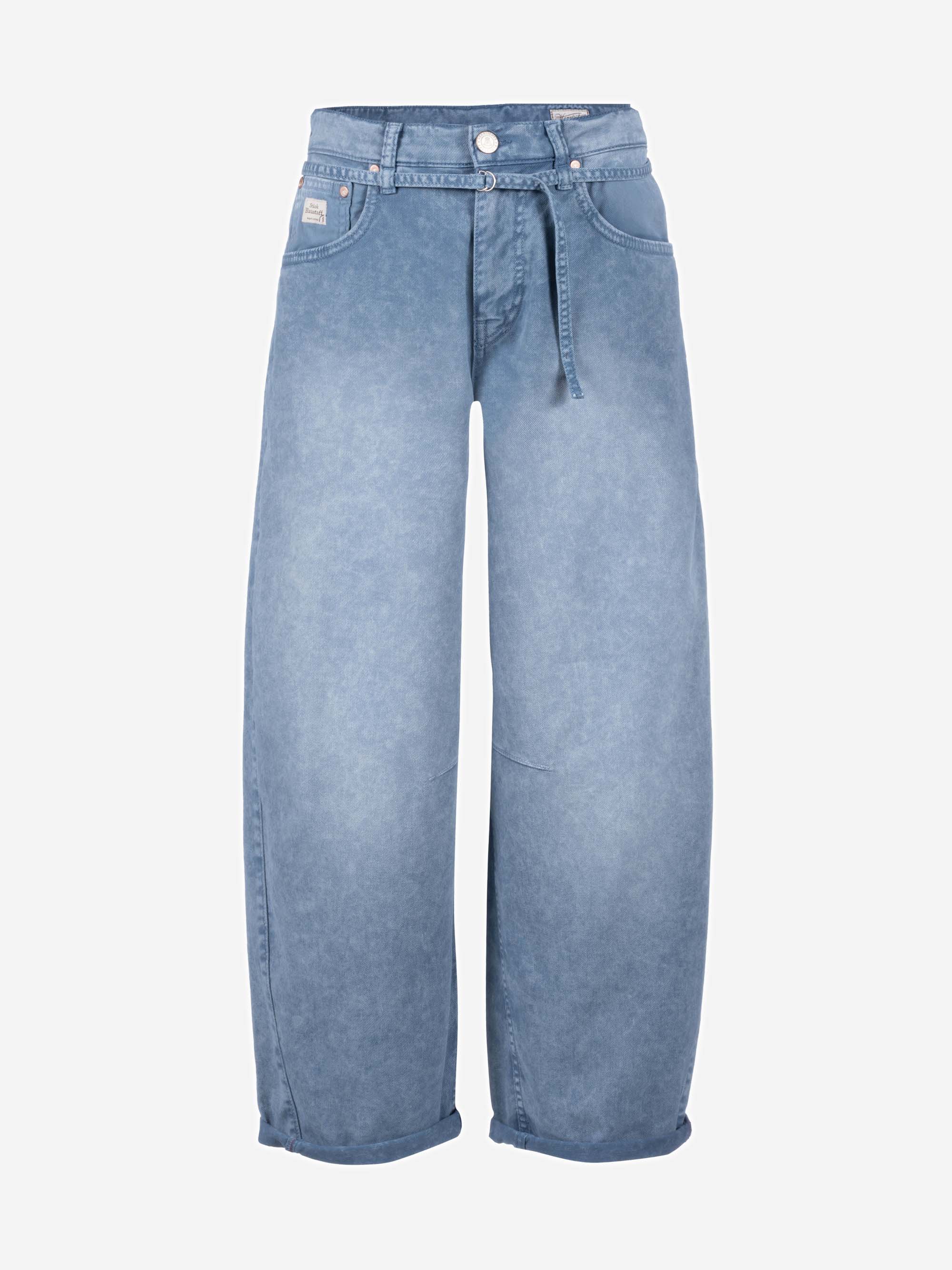 Hellblaue Jeans mit hoher Taille und weitem Bein, verblasster Waschung, Knopf- und Reißverschluss vorne, Gürtelschlaufen, Vorder- und Gesäßtaschen und entspannter Passform.