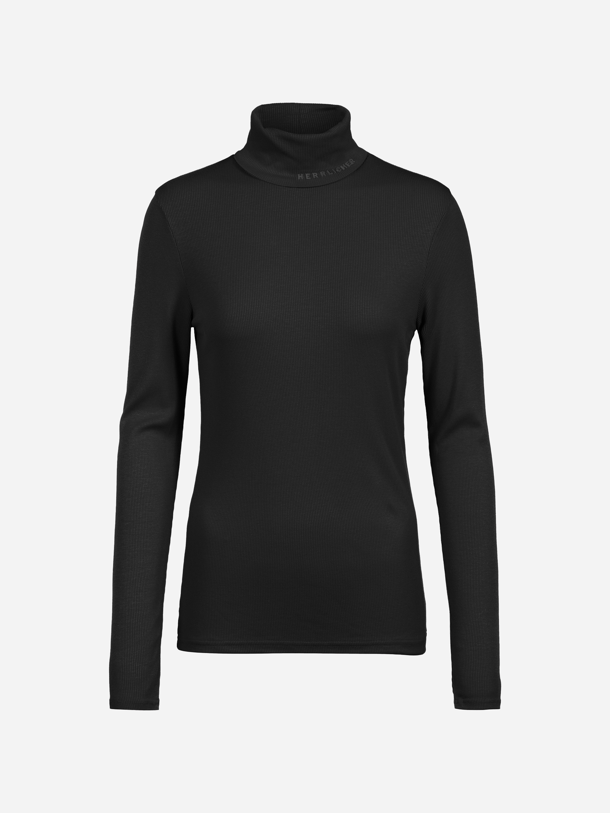 Ein schlichtes, schwarzes, langärmeliges Rollkragenhemd mit taillierter Silhouette auf weißem Hintergrund.