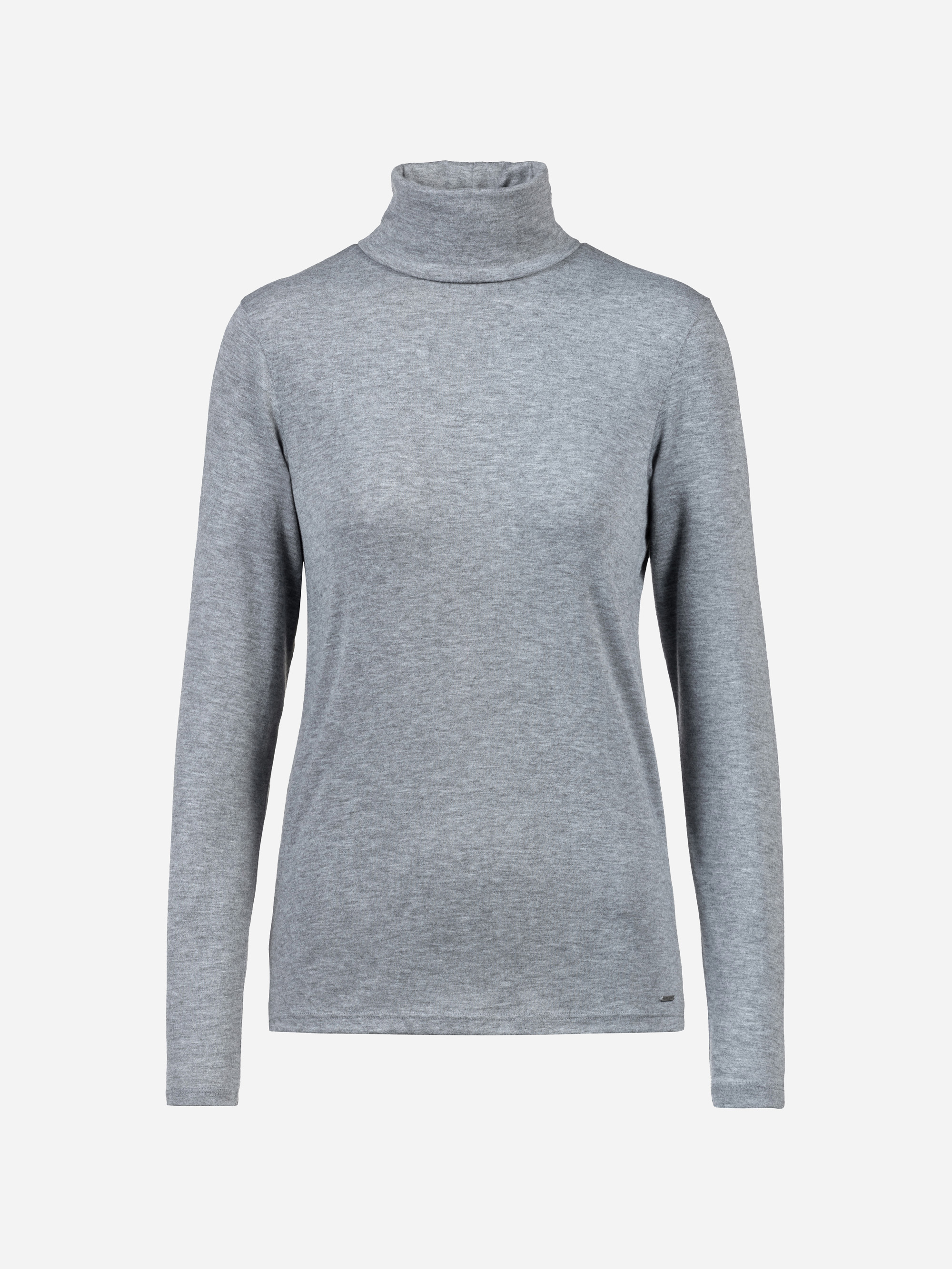 Ein schlichtes, hellgraues, langärmeliges Rollkragenhemd auf weißem Hintergrund.