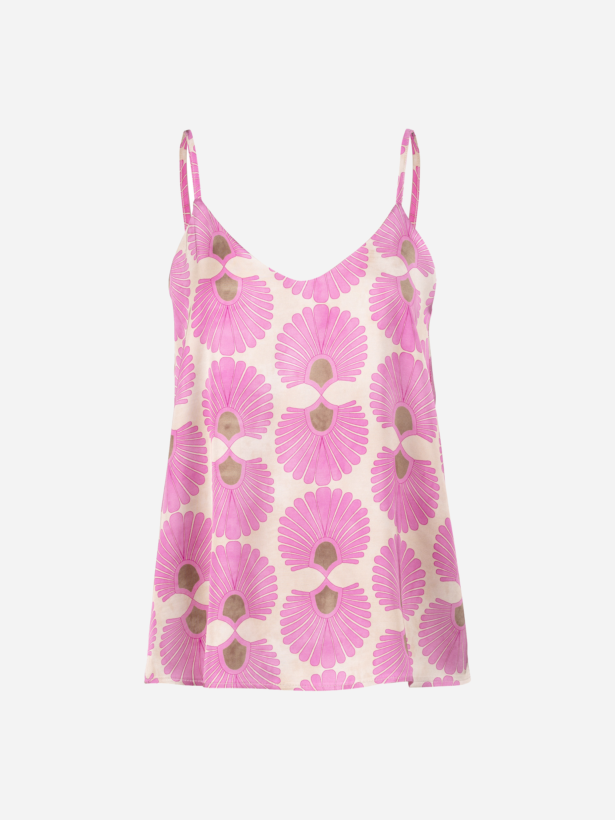 Ein ärmelloses Camisole-Top mit V-Ausschnitt und dünnen Trägern, das ein auffälliges Blumenmuster in Rosa und Beige auf hellem Grund zeigt.